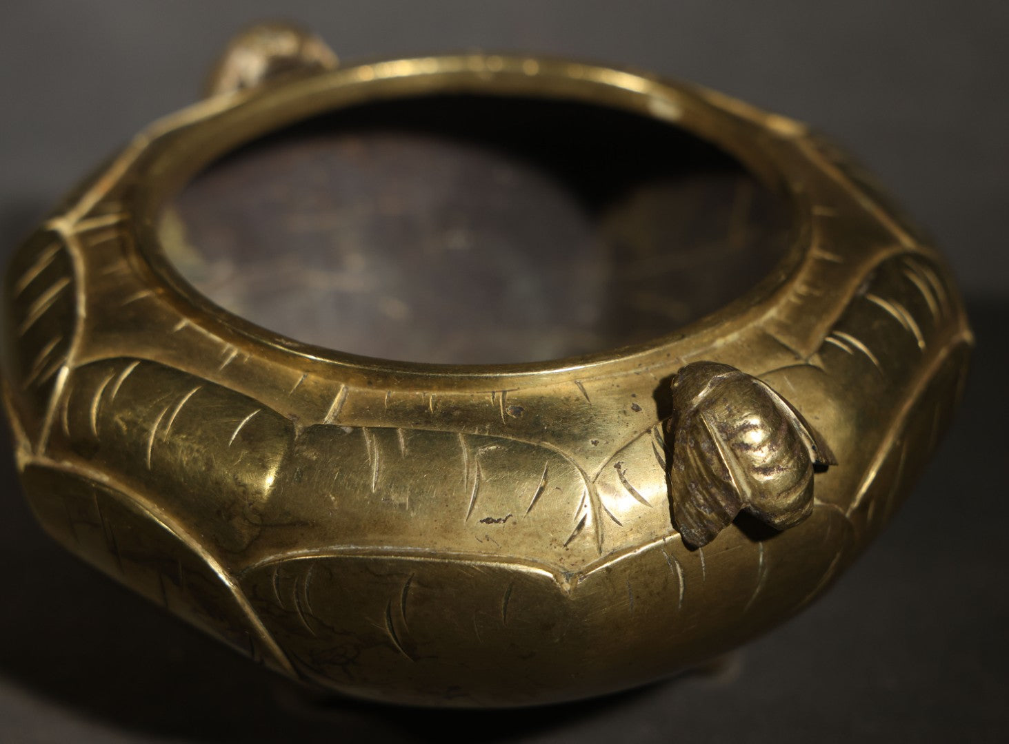 Vintage Chinese Brass Censer / Incense Burner with Lotus Petal Body, Fly-Form Handles, Three Feet, and Six-Circle Mark