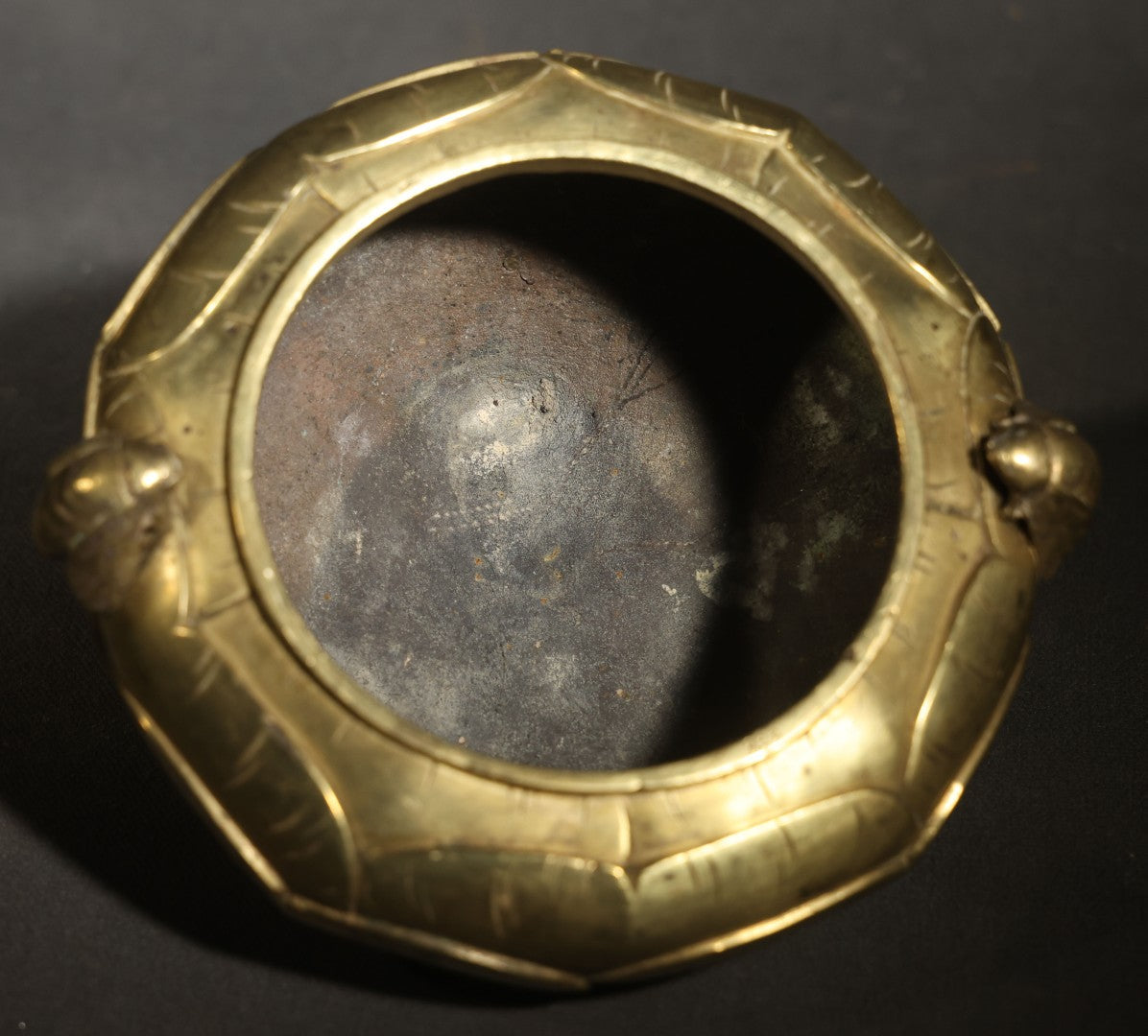 Vintage Chinese Brass Censer / Incense Burner with Lotus Petal Body, Fly-Form Handles, Three Feet, and Six-Circle Mark