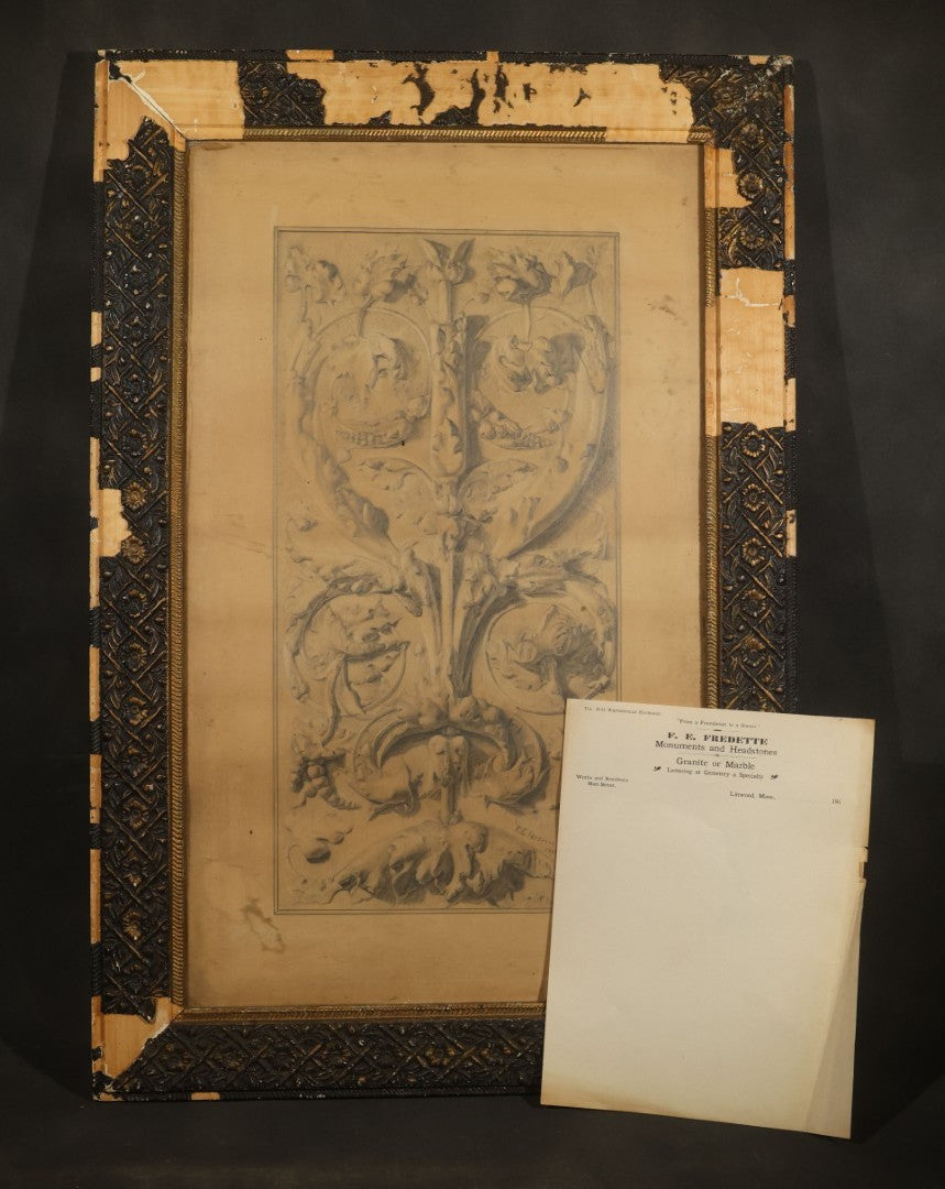 Antique Framed Pencil and Pastel Ornamental Scrollwork Study by Monument and Headstone Maker F. E. Fredette, Linwood, Massachusetts, 1900, with Four Sheets of Business Letterhead