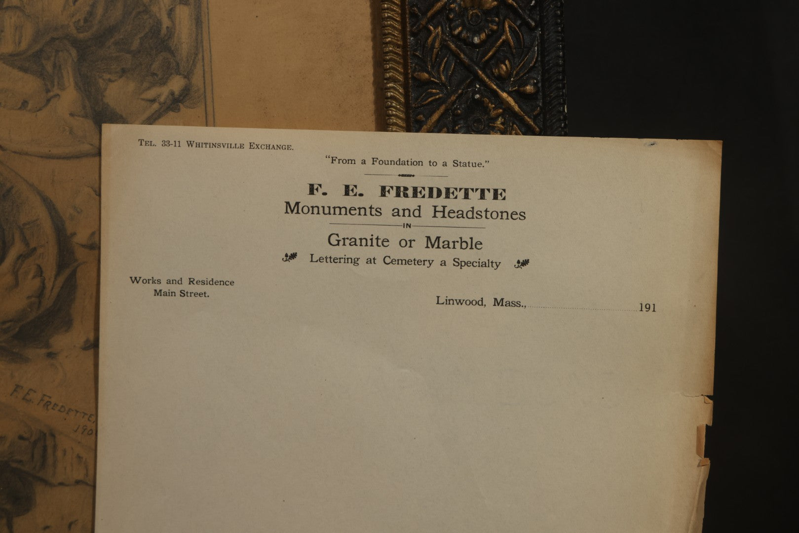 Antique Framed Pencil and Pastel Ornamental Scrollwork Study by Monument and Headstone Maker F. E. Fredette, Linwood, Massachusetts, 1900, with Four Sheets of Business Letterhead