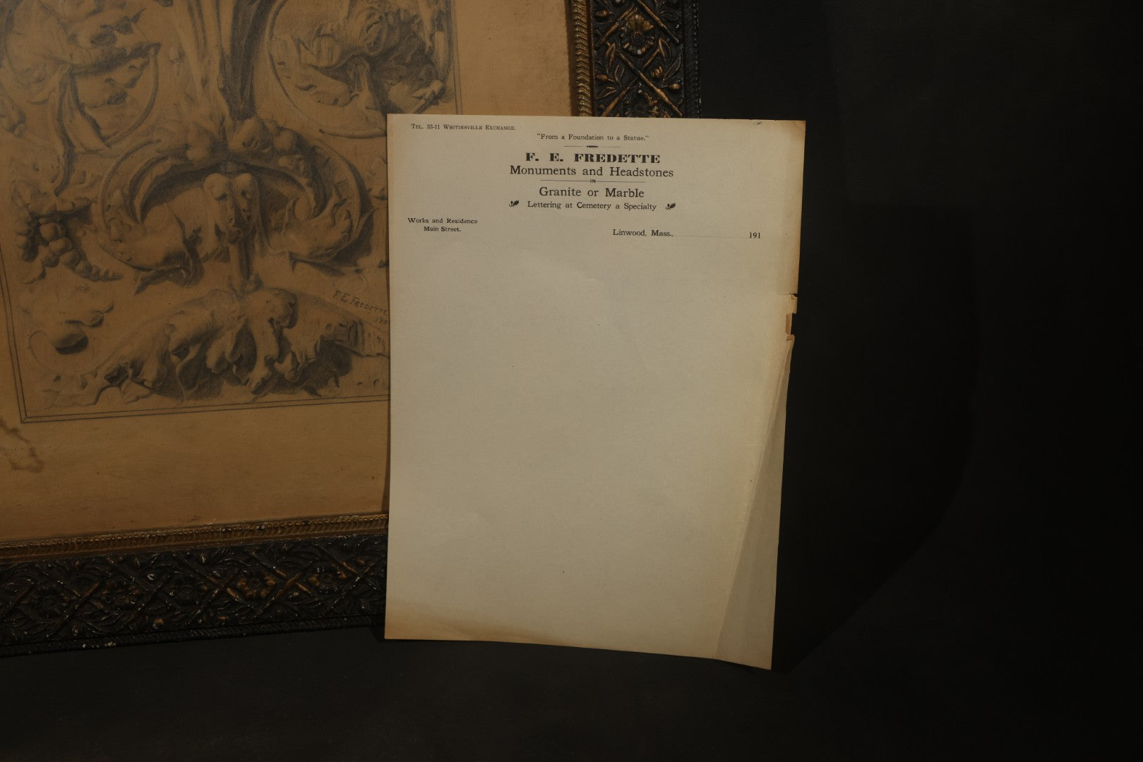 Antique Framed Pencil and Pastel Ornamental Scrollwork Study by Monument and Headstone Maker F. E. Fredette, Linwood, Massachusetts, 1900, with Four Sheets of Business Letterhead