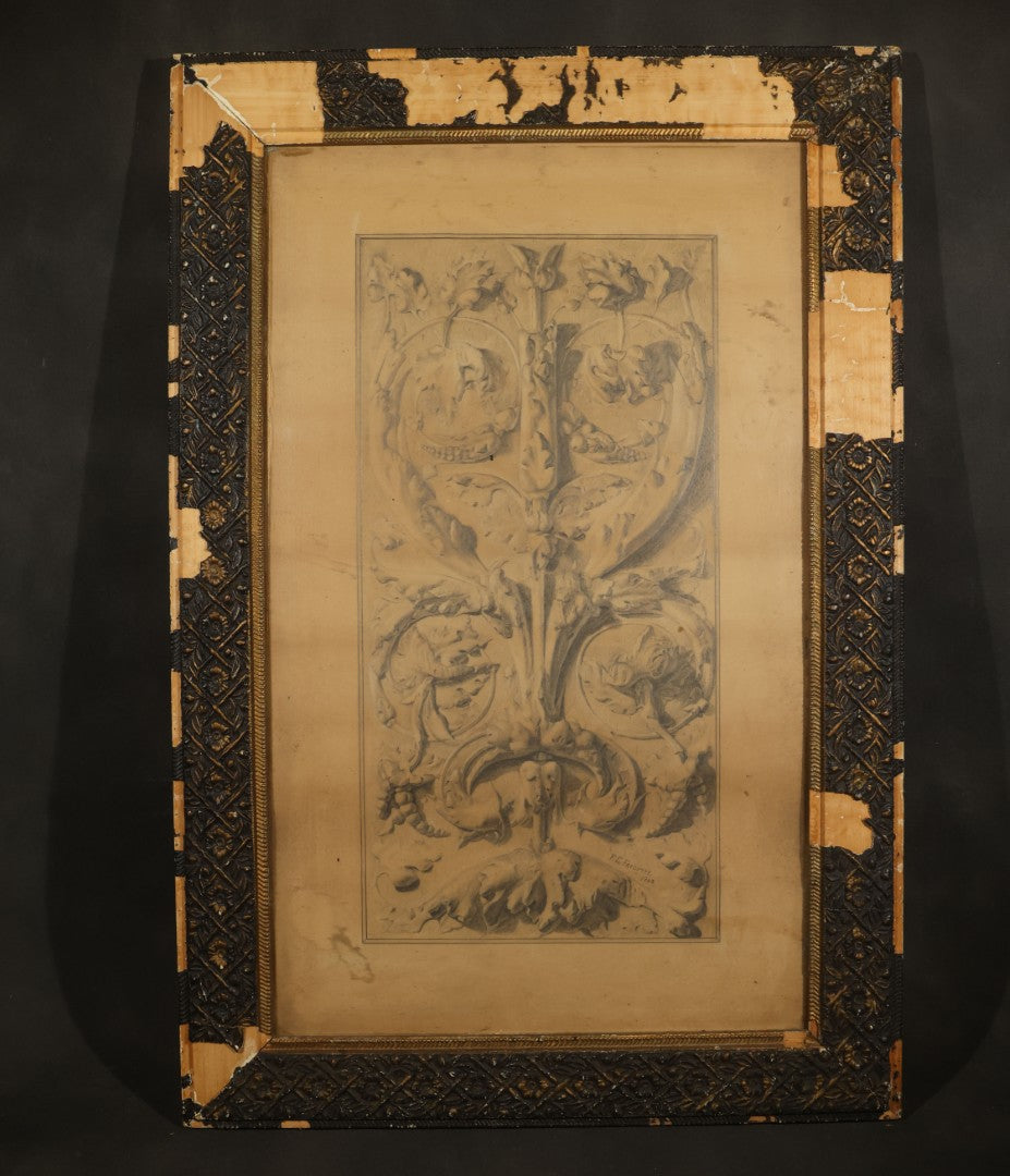 Antique Framed Pencil and Pastel Ornamental Scrollwork Study by Monument and Headstone Maker F. E. Fredette, Linwood, Massachusetts, 1900, with Four Sheets of Business Letterhead