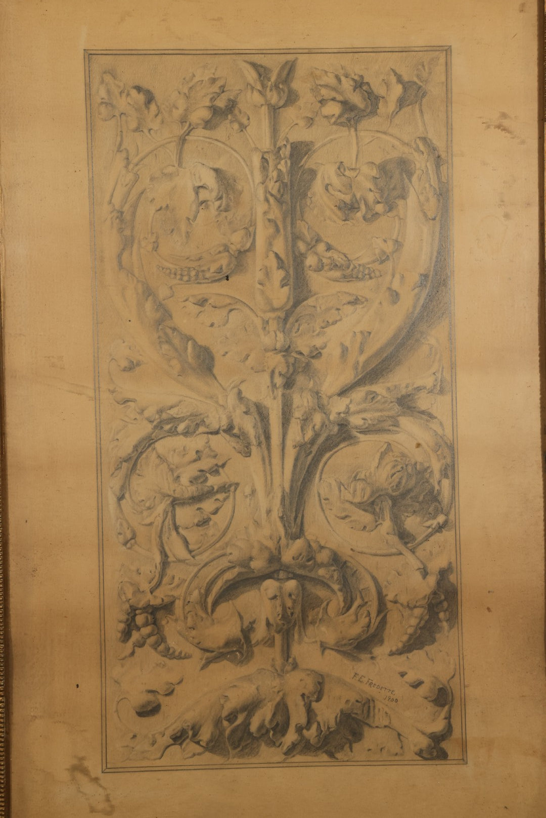 Antique Framed Pencil and Pastel Ornamental Scrollwork Study by Monument and Headstone Maker F. E. Fredette, Linwood, Massachusetts, 1900, with Four Sheets of Business Letterhead
