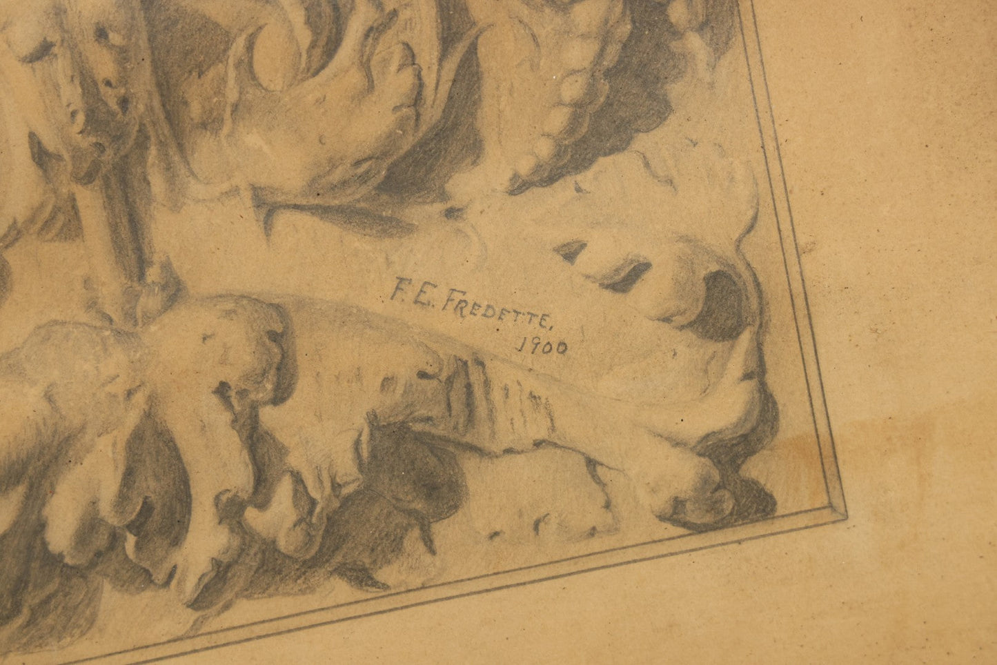 Antique Framed Pencil and Pastel Ornamental Scrollwork Study by Monument and Headstone Maker F. E. Fredette, Linwood, Massachusetts, 1900, with Four Sheets of Business Letterhead