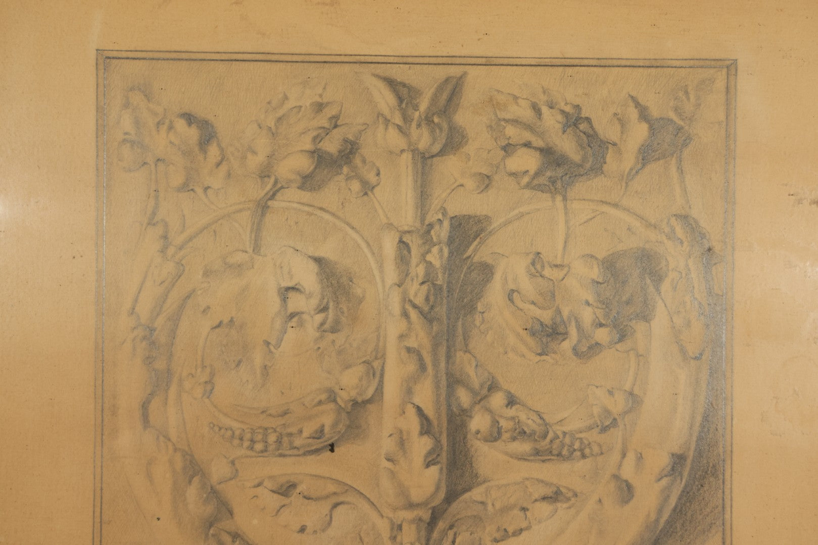 Antique Framed Pencil and Pastel Ornamental Scrollwork Study by Monument and Headstone Maker F. E. Fredette, Linwood, Massachusetts, 1900, with Four Sheets of Business Letterhead
