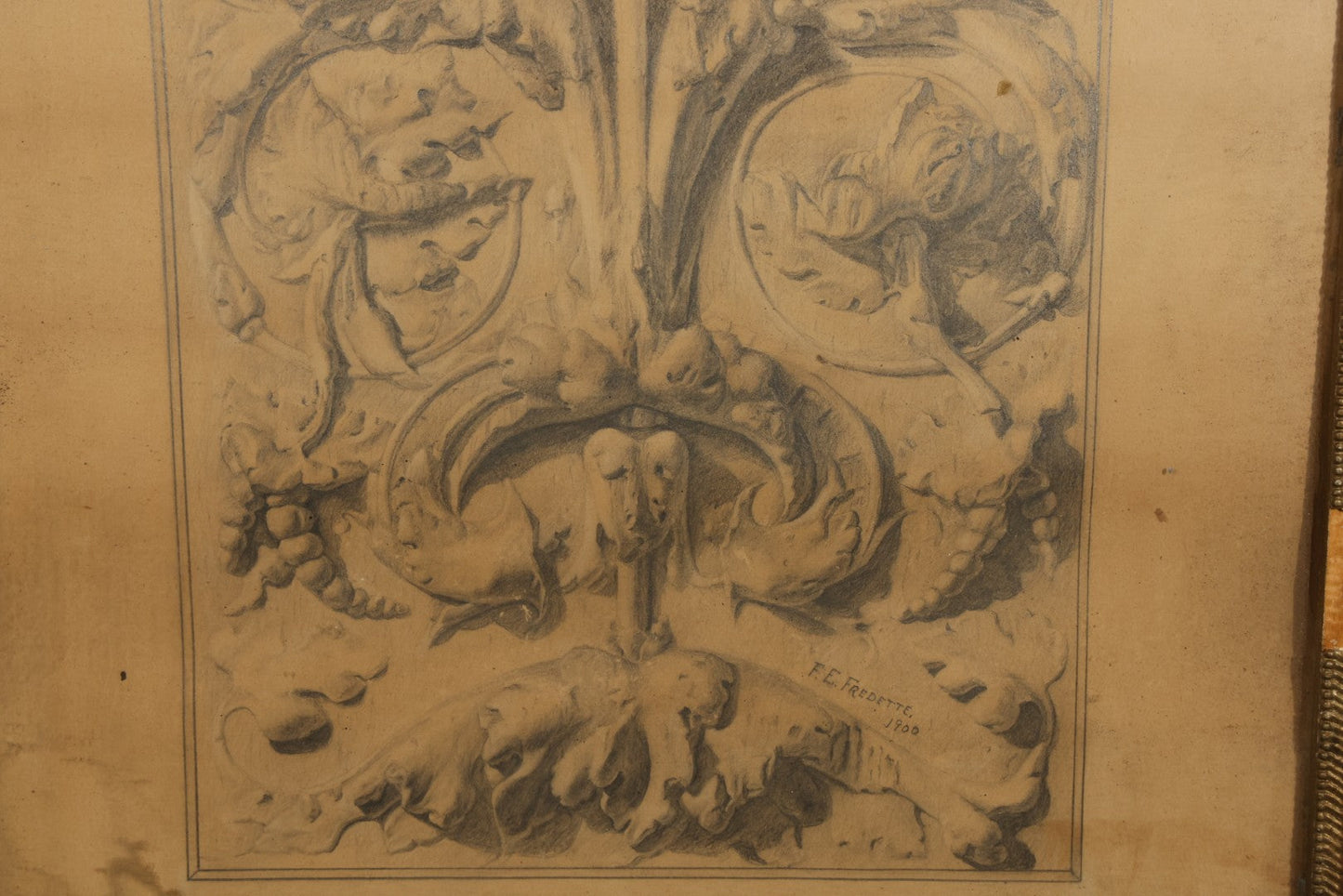 Antique Framed Pencil and Pastel Ornamental Scrollwork Study by Monument and Headstone Maker F. E. Fredette, Linwood, Massachusetts, 1900, with Four Sheets of Business Letterhead