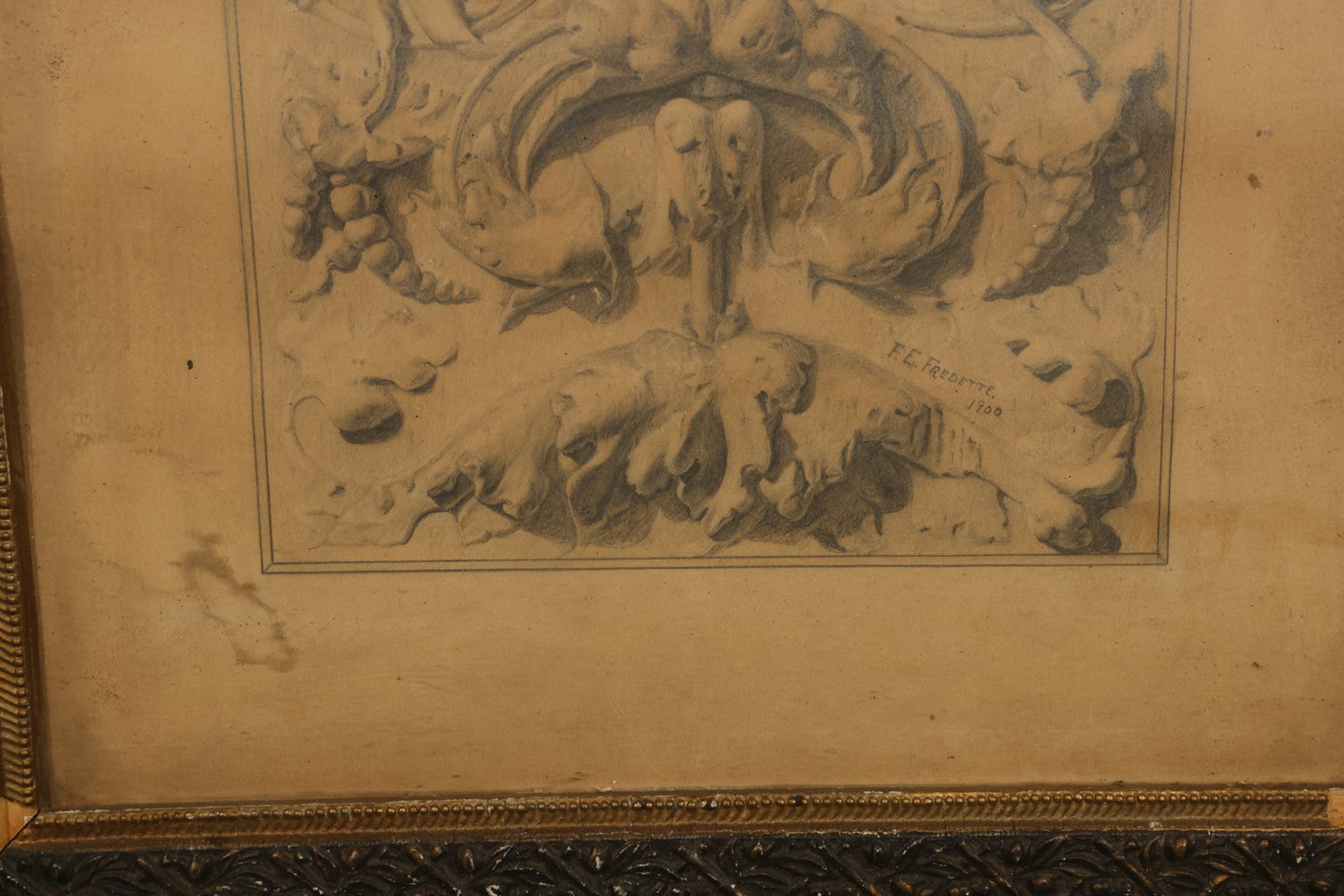 Antique Framed Pencil and Pastel Ornamental Scrollwork Study by Monument and Headstone Maker F. E. Fredette, Linwood, Massachusetts, 1900, with Four Sheets of Business Letterhead