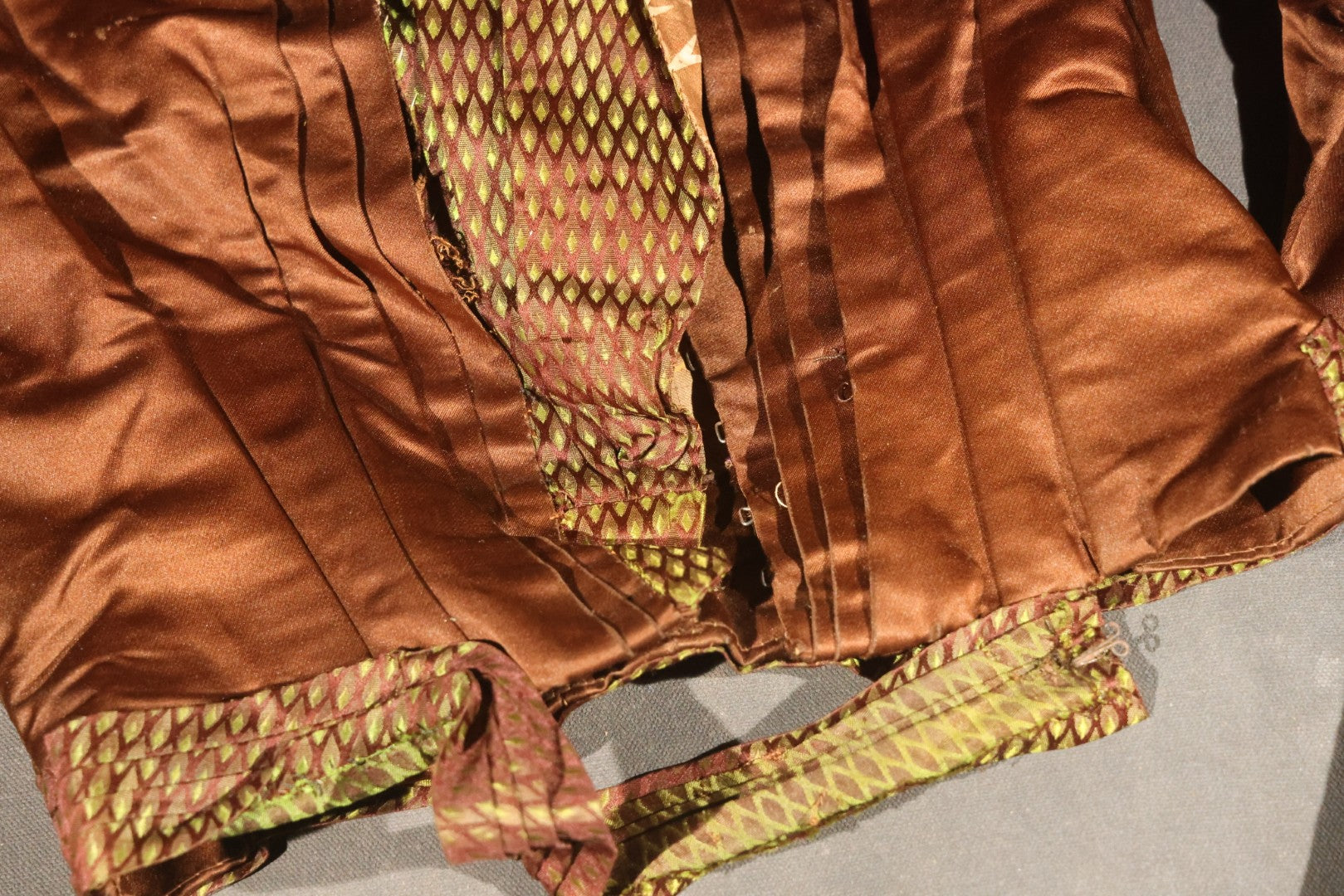Antique Brown Victorian / Edwardian Bodice with Diamond-Patterned Contrast Trim and Boned Interior
