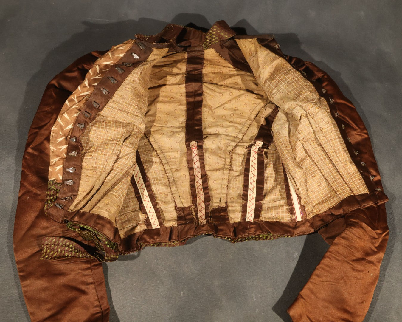 Antique Brown Victorian / Edwardian Bodice with Diamond-Patterned Contrast Trim and Boned Interior