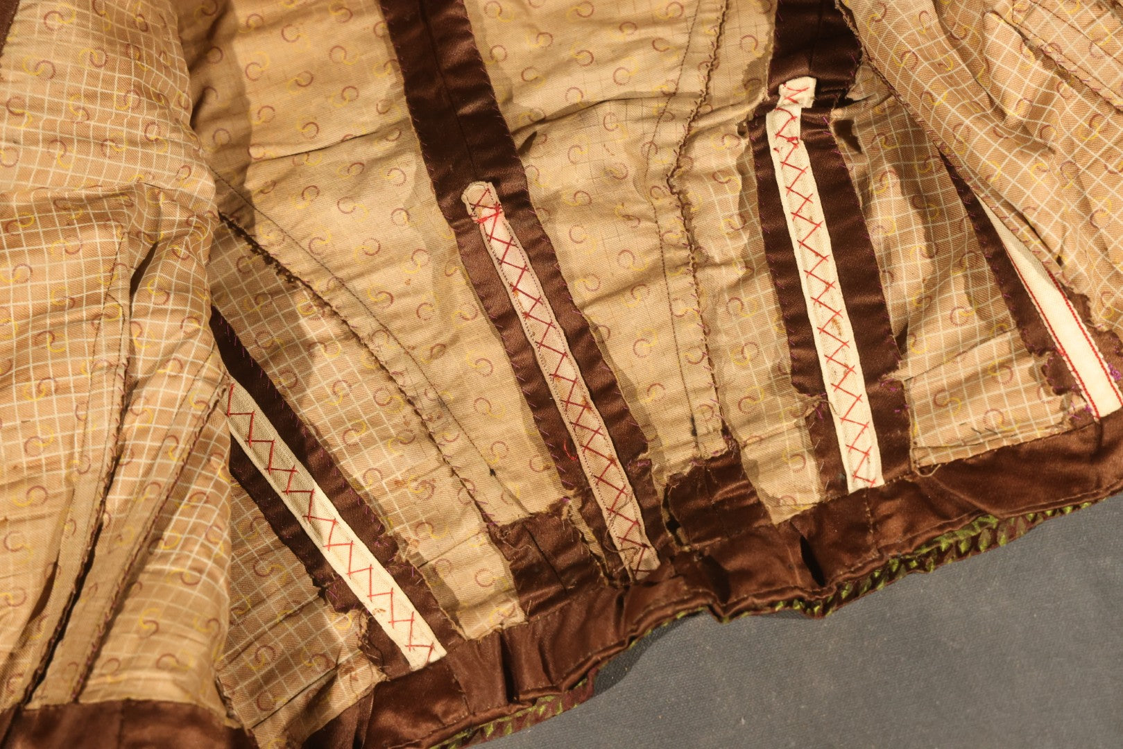 Antique Brown Victorian / Edwardian Bodice with Diamond-Patterned Contrast Trim and Boned Interior