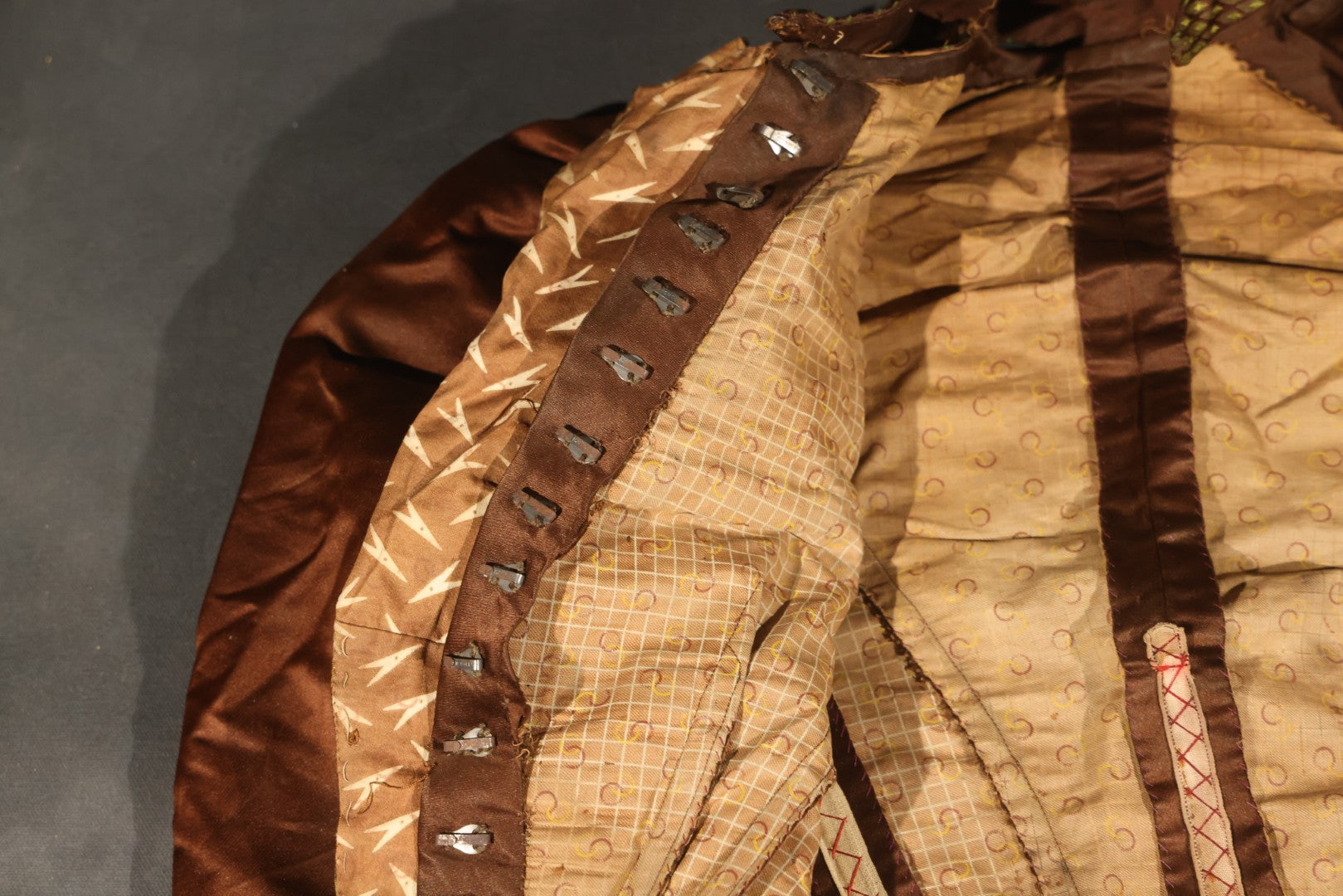 Antique Brown Victorian / Edwardian Bodice with Diamond-Patterned Contrast Trim and Boned Interior
