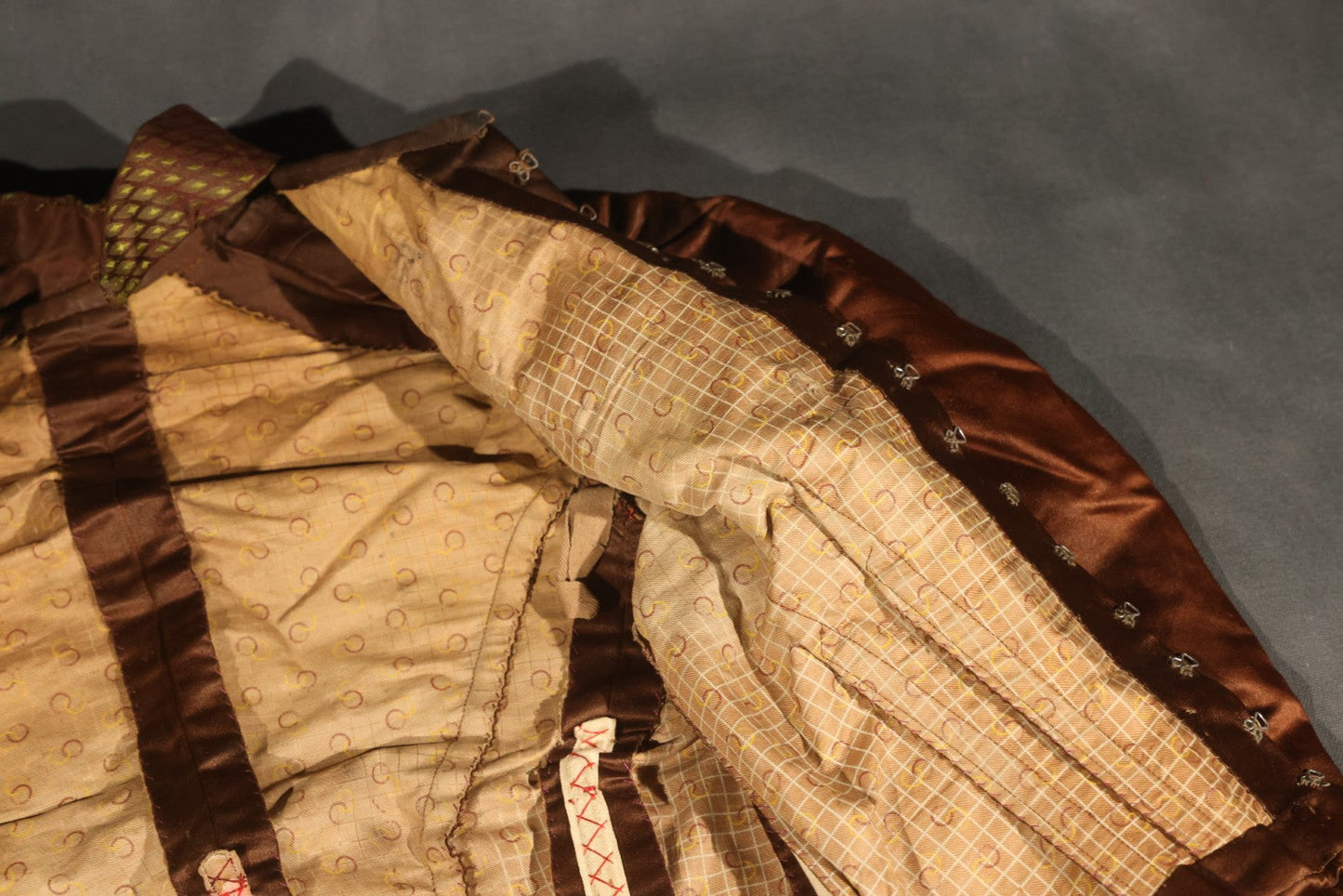 Antique Brown Victorian / Edwardian Bodice with Diamond-Patterned Contrast Trim and Boned Interior