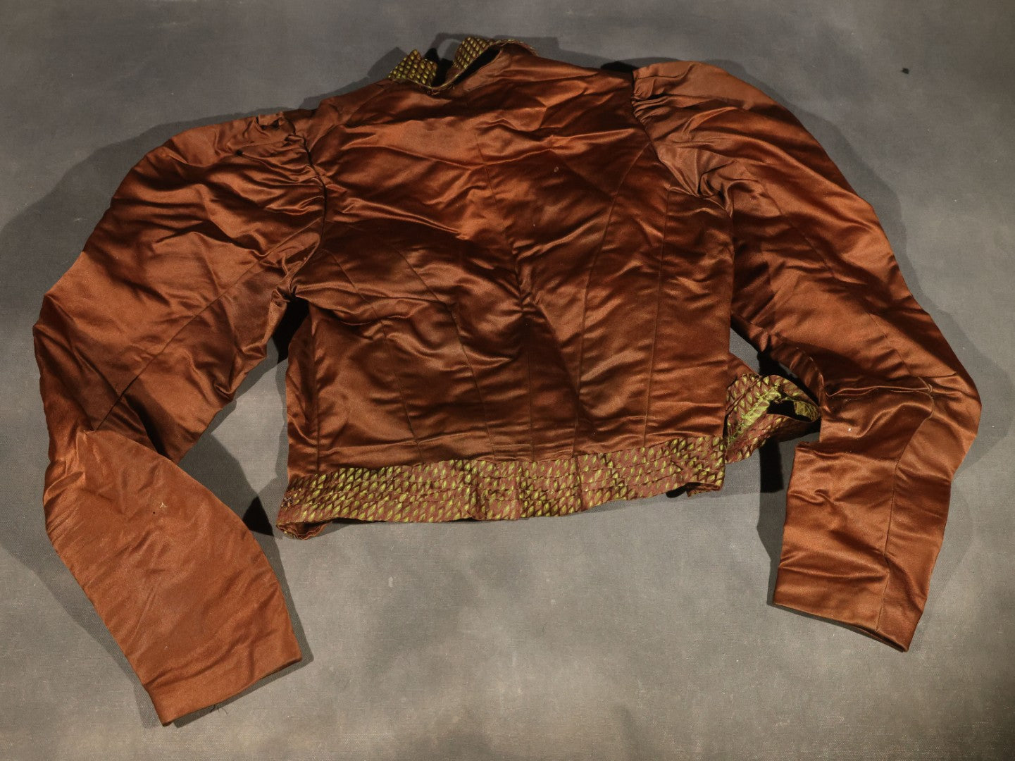 Antique Brown Victorian / Edwardian Bodice with Diamond-Patterned Contrast Trim and Boned Interior