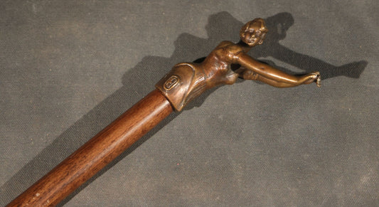 Modern Figural Lost Wax Cast Bronze and Beechwood Walking Cane with "Woman Swimmer" Handle, Manufactured by Tienda de Bastones, Spain