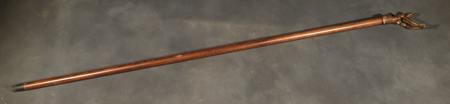 Modern Figural Lost Wax Cast Bronze and Beechwood Walking Cane with "Woman Swimmer" Handle, Manufactured by Tienda de Bastones, Spain