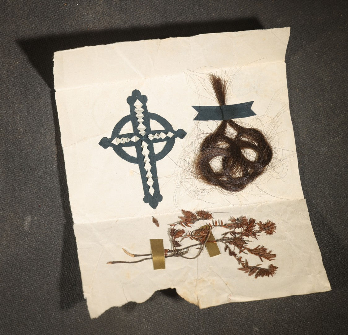Antique Greek Folded Letter Sheet with Mourning Keepsake Contents including Lock of Hair, Dried Flowers, and Cut-Paper Cross, Postmarked Athens, Greece, 1867
