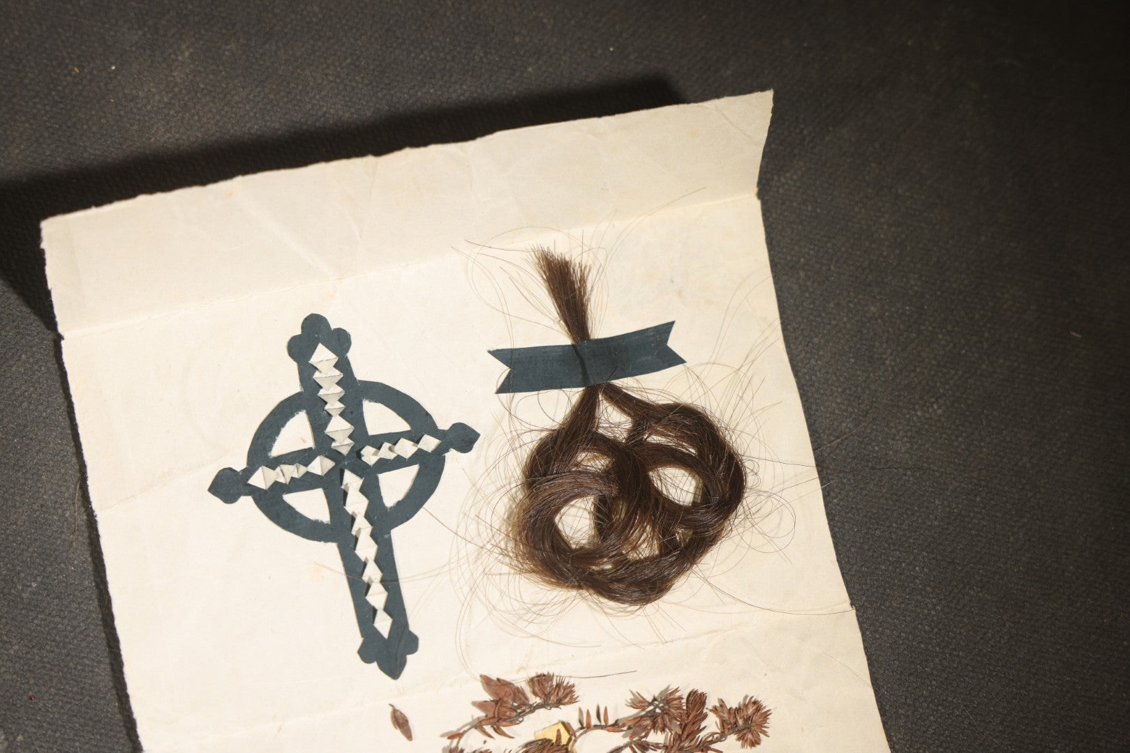 Antique Greek Folded Letter Sheet with Mourning Keepsake Contents including Lock of Hair, Dried Flowers, and Cut-Paper Cross, Postmarked Athens, Greece, 1867