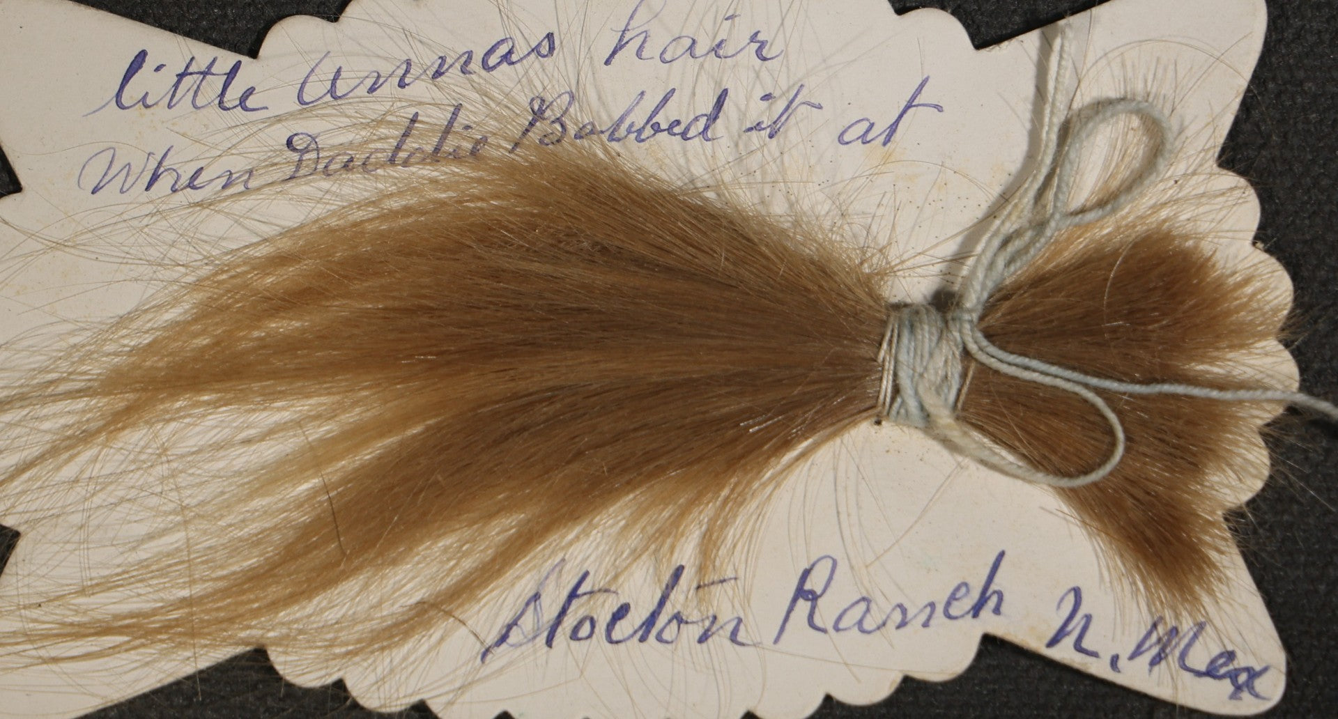 Antique Hair Memento Lock on Scalloped Card, Inscribed "Little Annas Hair When Daddie Bobbed It at Stockton Ranch," New Mexico