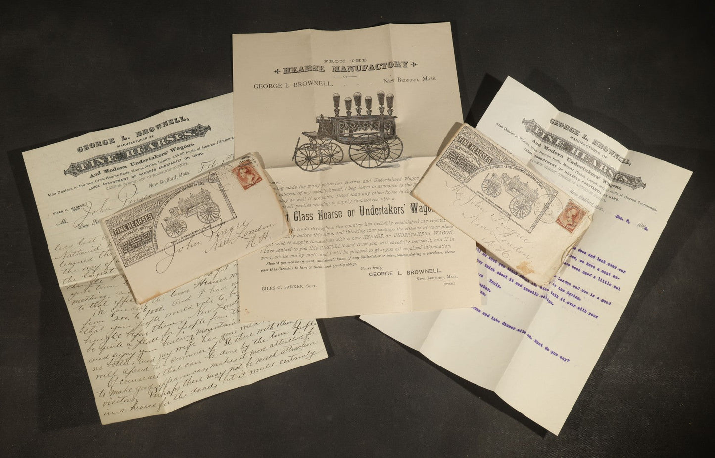 Grouping of Antique George L. Brownell Hearse Manufactory Ephemera including Illustrated Advertising Envelopes, Printed Circular, and Letters to John Pingree of New London, New Hampshire, 1886