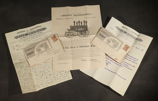 Grouping of Antique George L. Brownell Hearse Manufactory Ephemera including Illustrated Advertising Envelopes, Printed Circular, and Letters to John Pingree of New London, New Hampshire, 1886