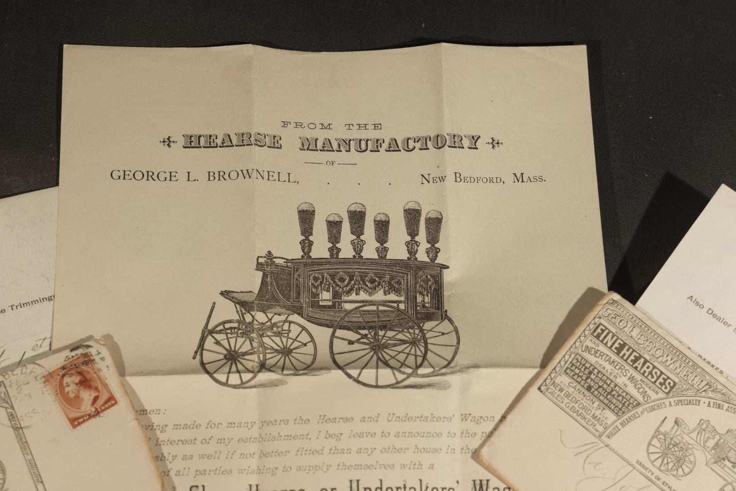 Grouping of Antique George L. Brownell Hearse Manufactory Ephemera including Illustrated Advertising Envelopes, Printed Circular, and Letters to John Pingree of New London, New Hampshire, 1886