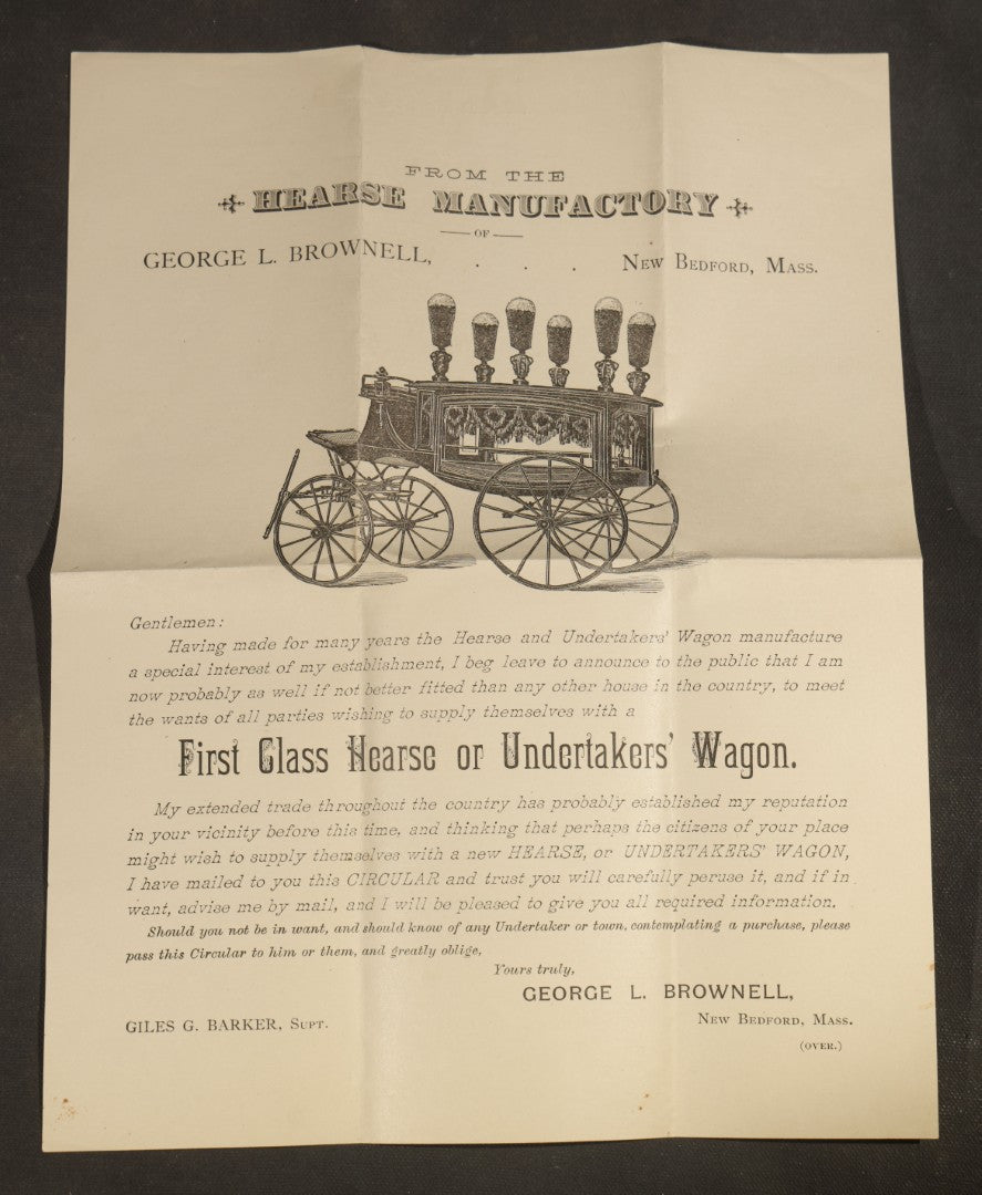 Grouping of Antique George L. Brownell Hearse Manufactory Ephemera including Illustrated Advertising Envelopes, Printed Circular, and Letters to John Pingree of New London, New Hampshire, 1886