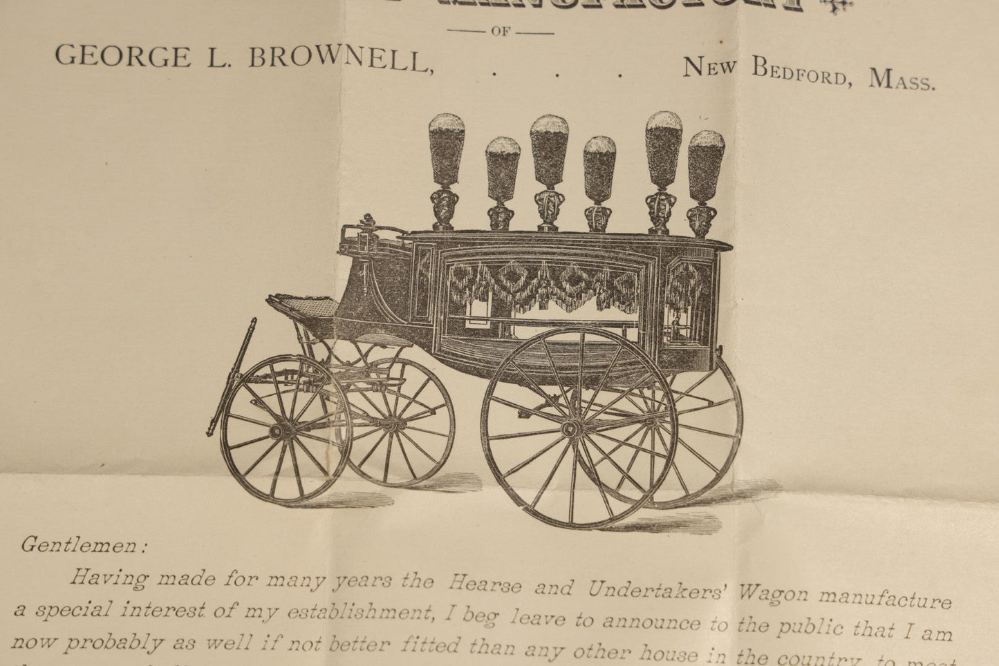 Grouping of Antique George L. Brownell Hearse Manufactory Ephemera including Illustrated Advertising Envelopes, Printed Circular, and Letters to John Pingree of New London, New Hampshire, 1886