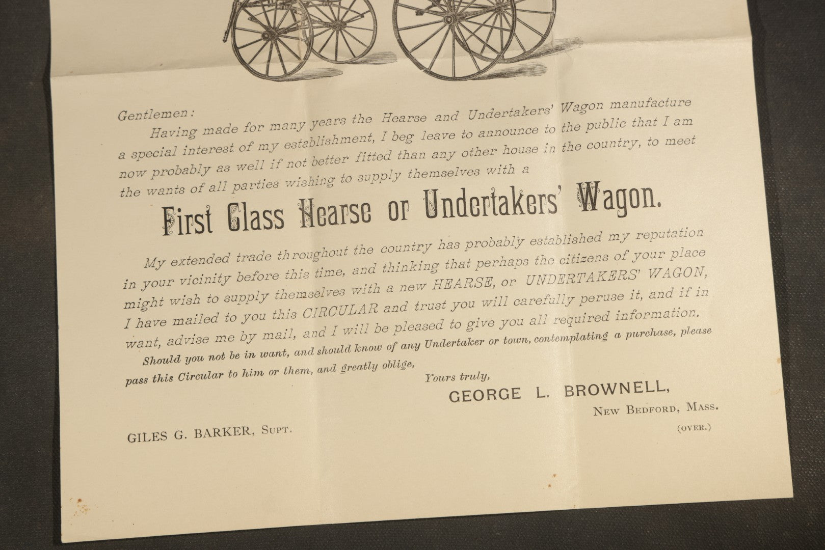Grouping of Antique George L. Brownell Hearse Manufactory Ephemera including Illustrated Advertising Envelopes, Printed Circular, and Letters to John Pingree of New London, New Hampshire, 1886
