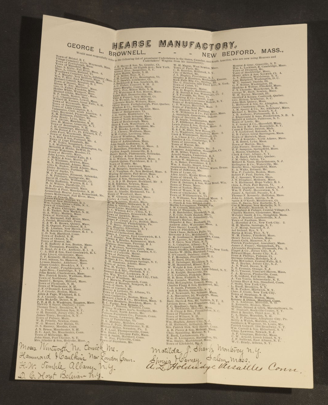 Grouping of Antique George L. Brownell Hearse Manufactory Ephemera including Illustrated Advertising Envelopes, Printed Circular, and Letters to John Pingree of New London, New Hampshire, 1886