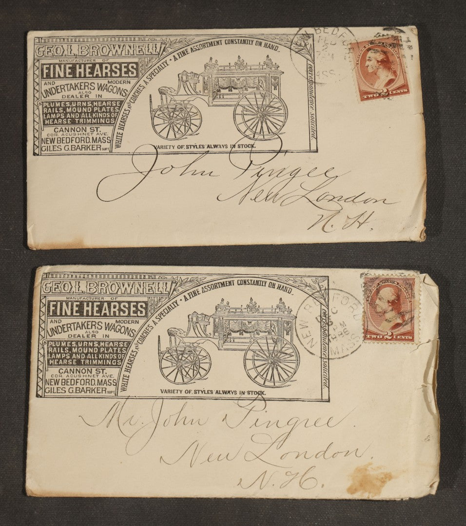 Grouping of Antique George L. Brownell Hearse Manufactory Ephemera including Illustrated Advertising Envelopes, Printed Circular, and Letters to John Pingree of New London, New Hampshire, 1886