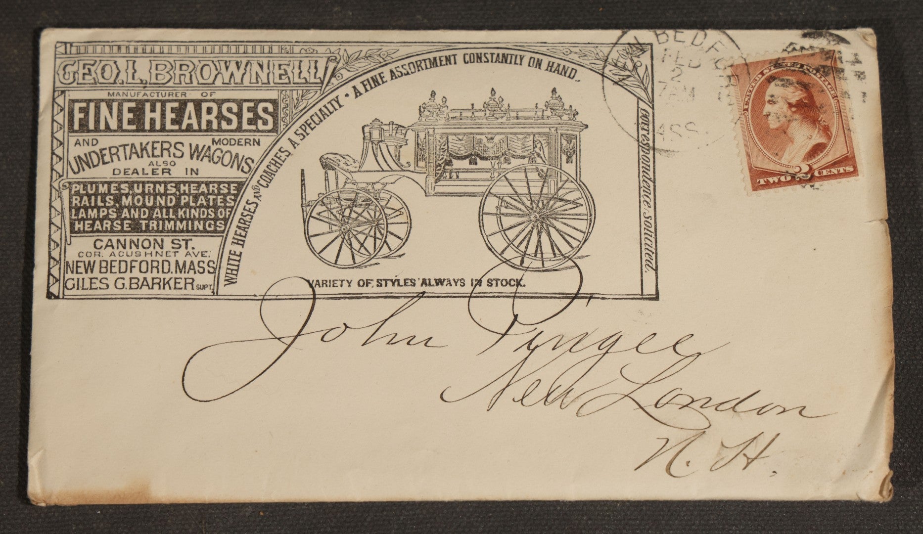 Grouping of Antique George L. Brownell Hearse Manufactory Ephemera including Illustrated Advertising Envelopes, Printed Circular, and Letters to John Pingree of New London, New Hampshire, 1886