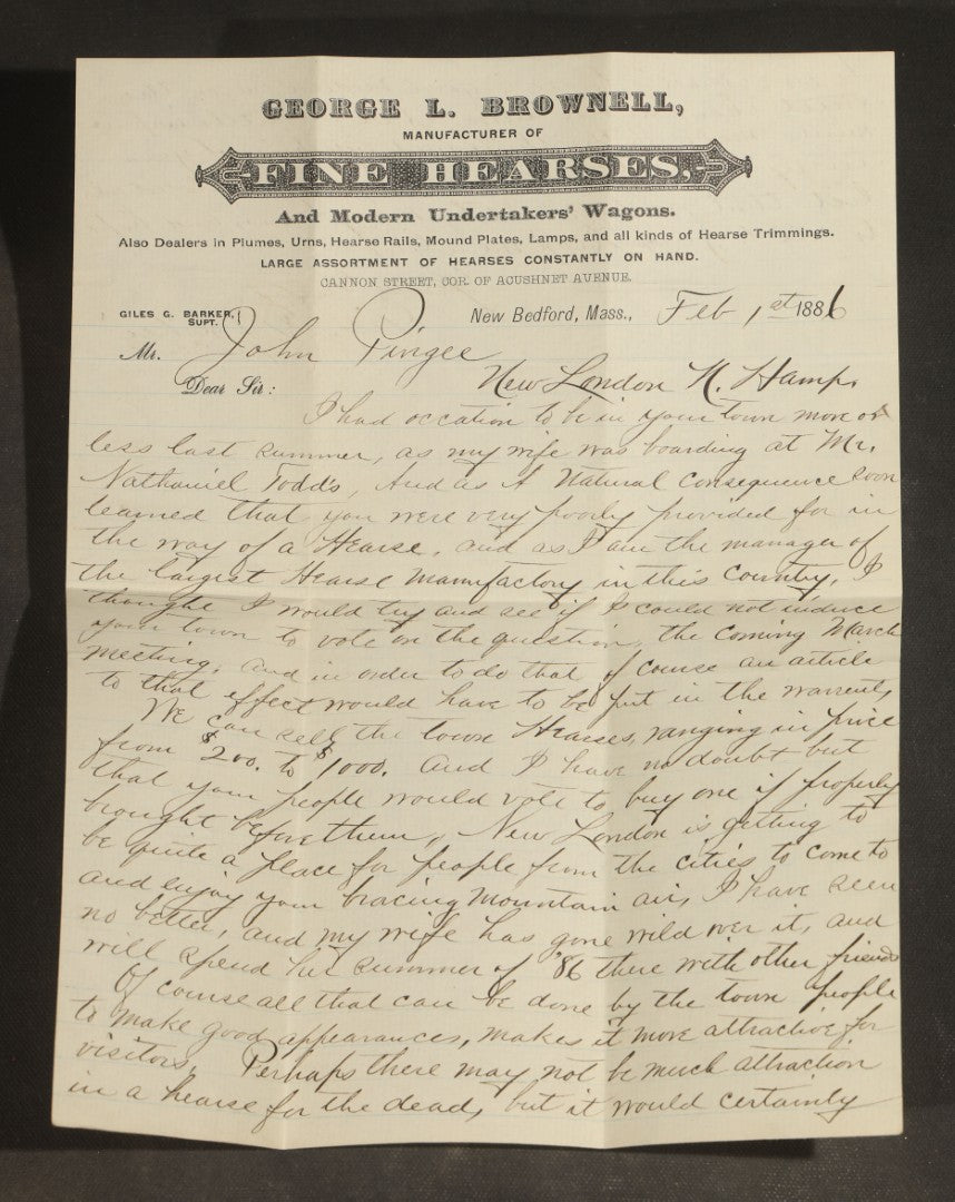 Grouping of Antique George L. Brownell Hearse Manufactory Ephemera including Illustrated Advertising Envelopes, Printed Circular, and Letters to John Pingree of New London, New Hampshire, 1886