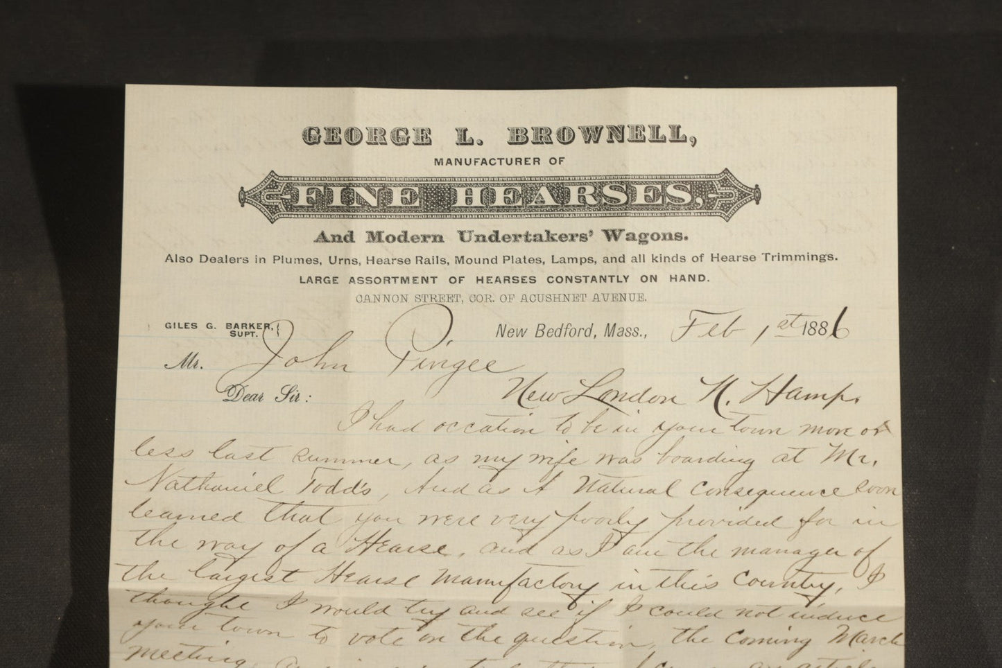 Grouping of Antique George L. Brownell Hearse Manufactory Ephemera including Illustrated Advertising Envelopes, Printed Circular, and Letters to John Pingree of New London, New Hampshire, 1886