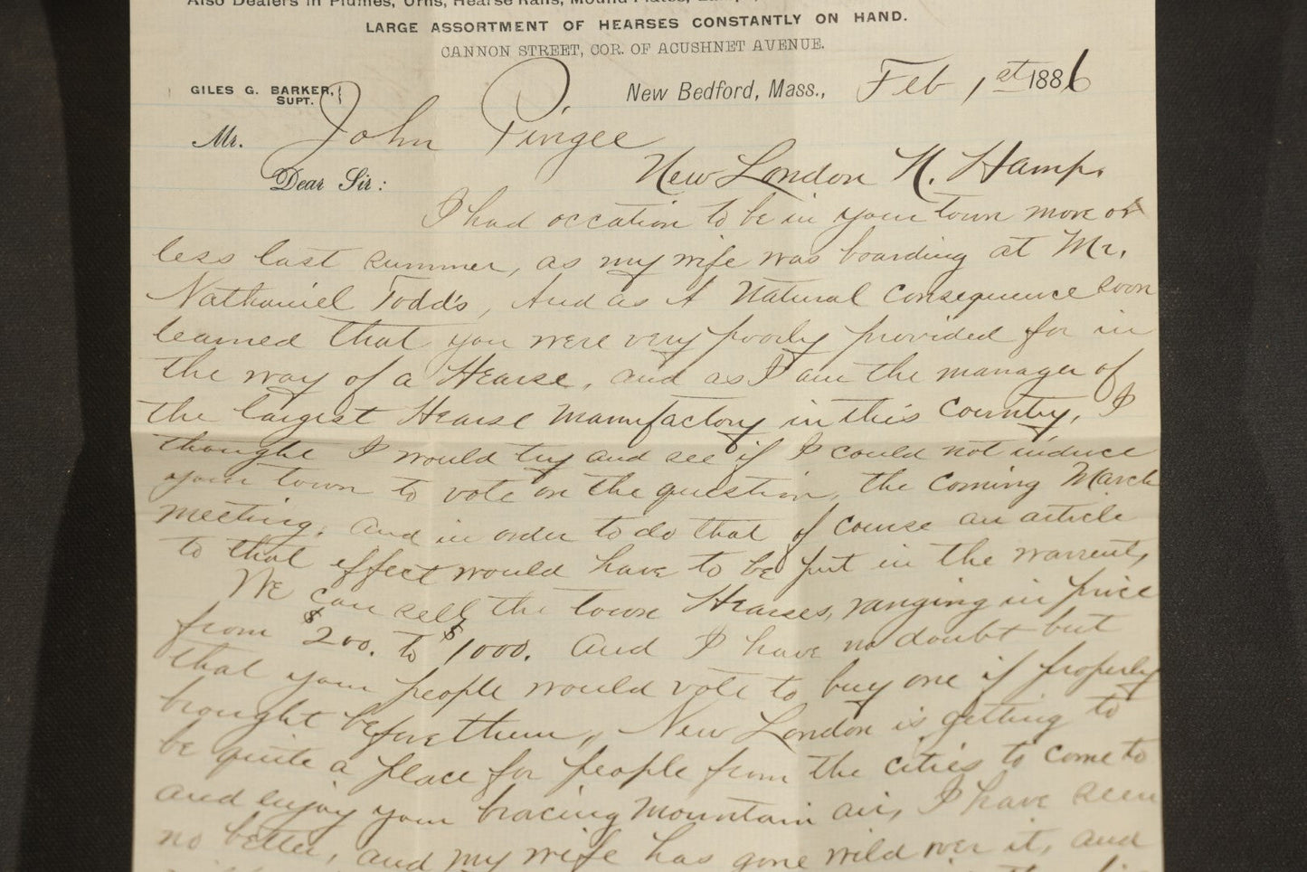 Grouping of Antique George L. Brownell Hearse Manufactory Ephemera including Illustrated Advertising Envelopes, Printed Circular, and Letters to John Pingree of New London, New Hampshire, 1886