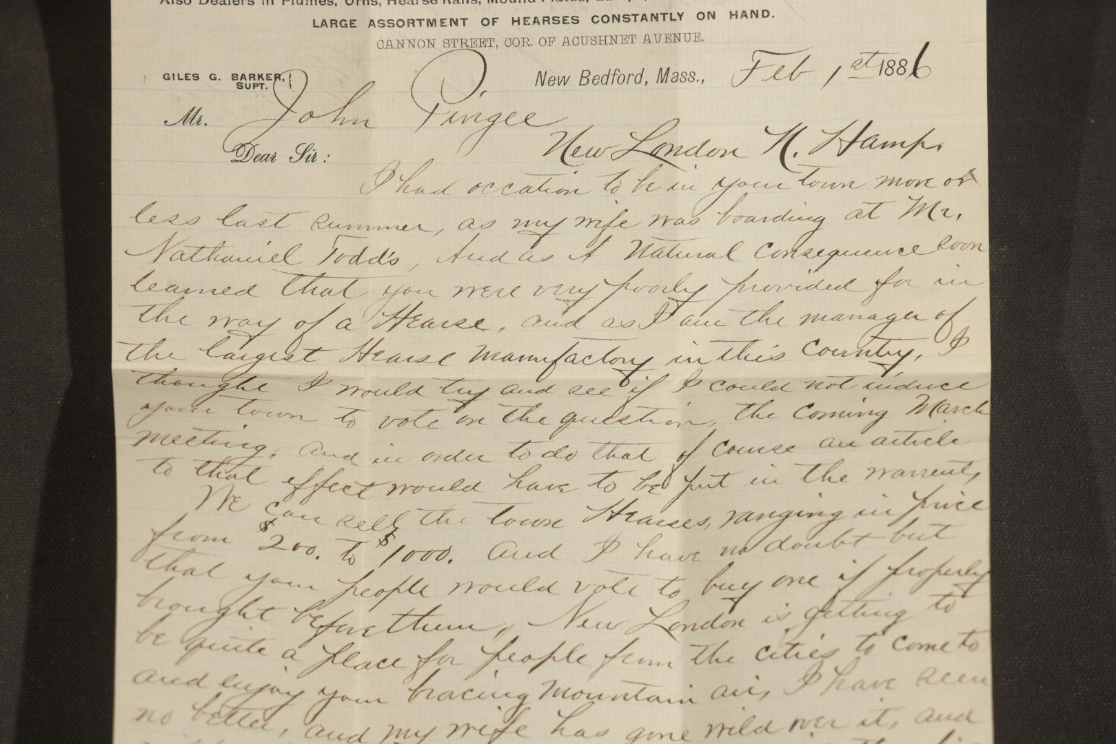 Grouping of Antique George L. Brownell Hearse Manufactory Ephemera including Illustrated Advertising Envelopes, Printed Circular, and Letters to John Pingree of New London, New Hampshire, 1886
