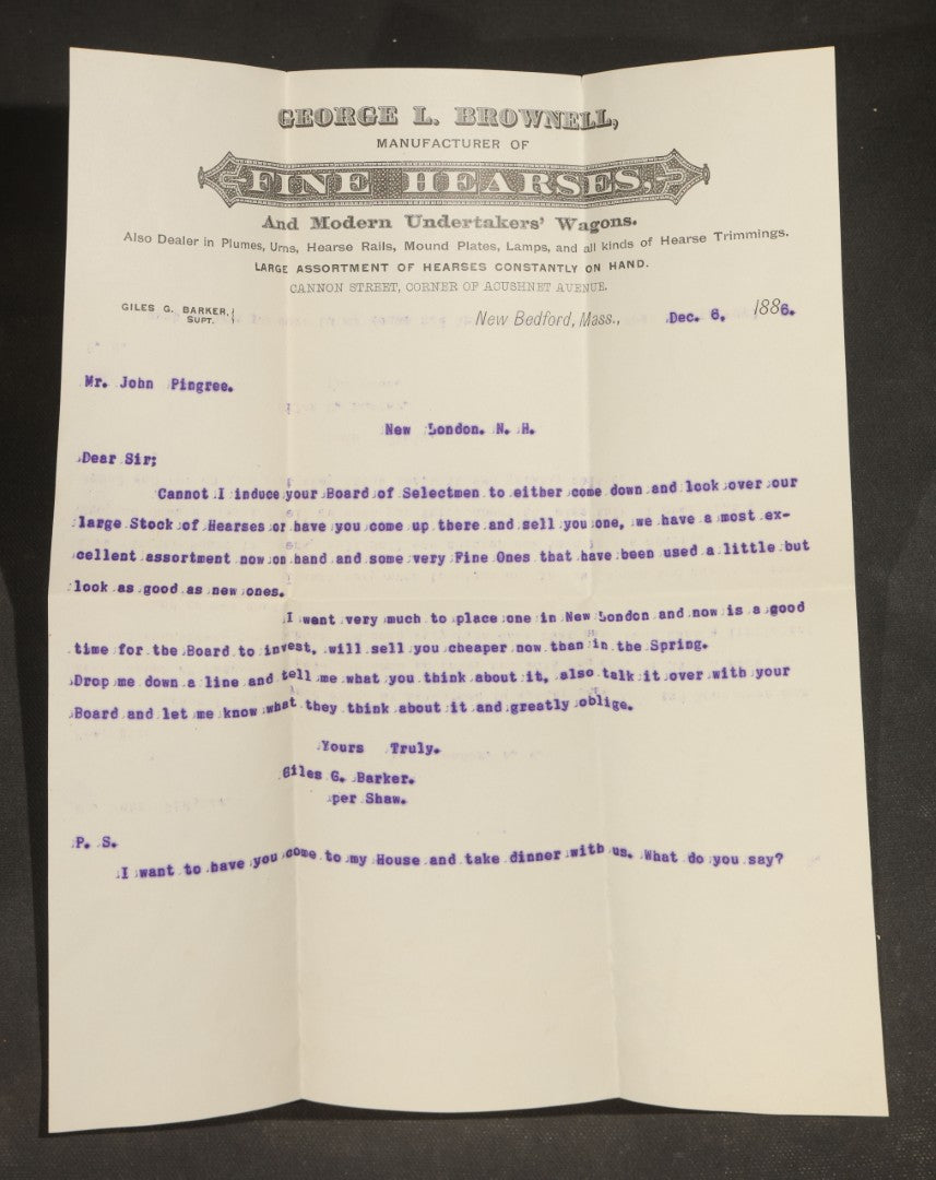 Grouping of Antique George L. Brownell Hearse Manufactory Ephemera including Illustrated Advertising Envelopes, Printed Circular, and Letters to John Pingree of New London, New Hampshire, 1886