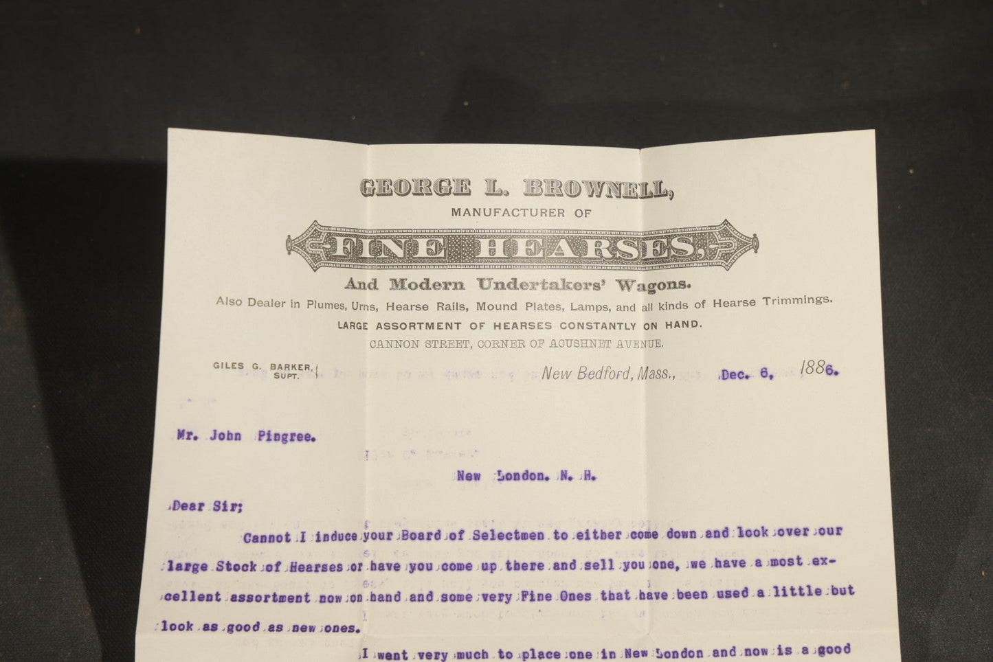 Grouping of Antique George L. Brownell Hearse Manufactory Ephemera including Illustrated Advertising Envelopes, Printed Circular, and Letters to John Pingree of New London, New Hampshire, 1886