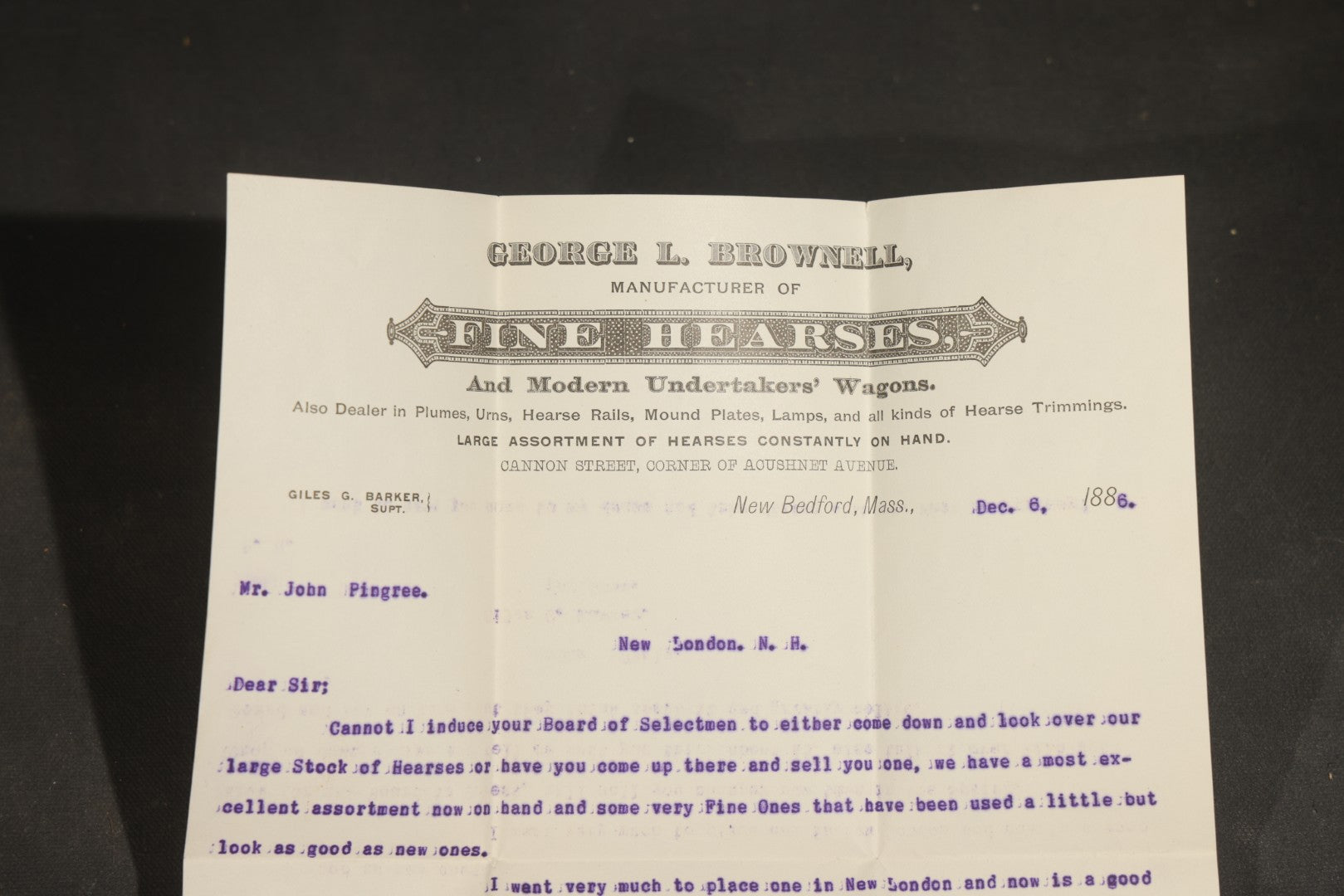 Grouping of Antique George L. Brownell Hearse Manufactory Ephemera including Illustrated Advertising Envelopes, Printed Circular, and Letters to John Pingree of New London, New Hampshire, 1886