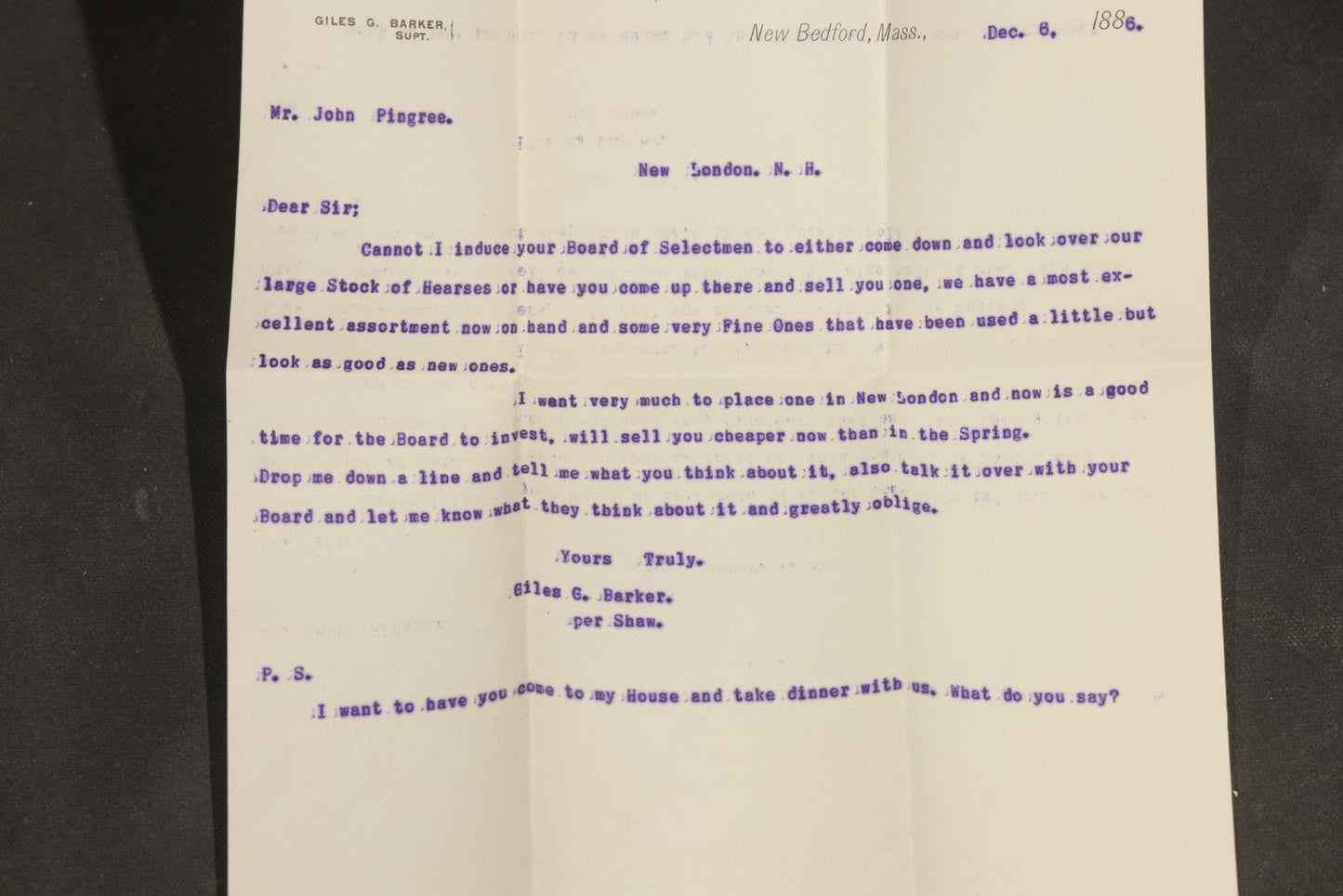 Grouping of Antique George L. Brownell Hearse Manufactory Ephemera including Illustrated Advertising Envelopes, Printed Circular, and Letters to John Pingree of New London, New Hampshire, 1886