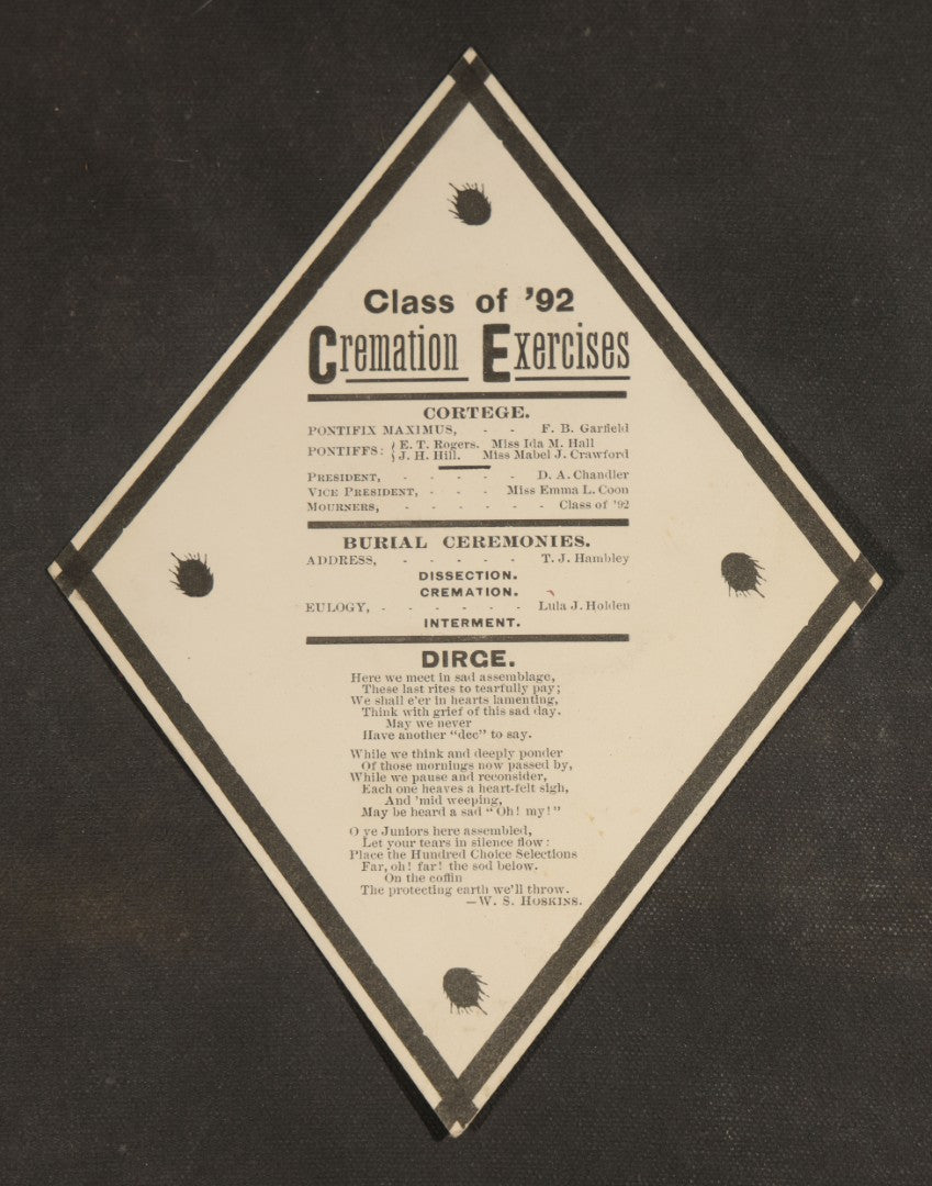 Antique "Cremation Exercises" Mock Funeral Program for the Class of 1892, Diamond-Shaped Satirical College Ephemera