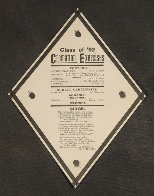 Antique "Cremation Exercises" Mock Funeral Program for the Class of 1892, Diamond-Shaped Satirical College Ephemera