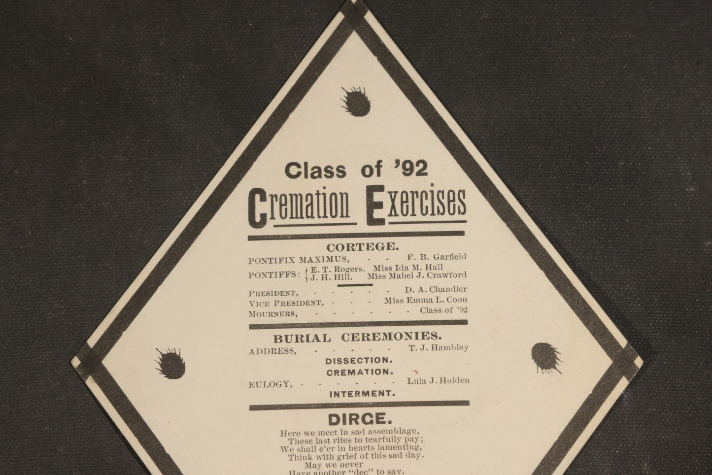 Antique "Cremation Exercises" Mock Funeral Program for the Class of 1892, Diamond-Shaped Satirical College Ephemera