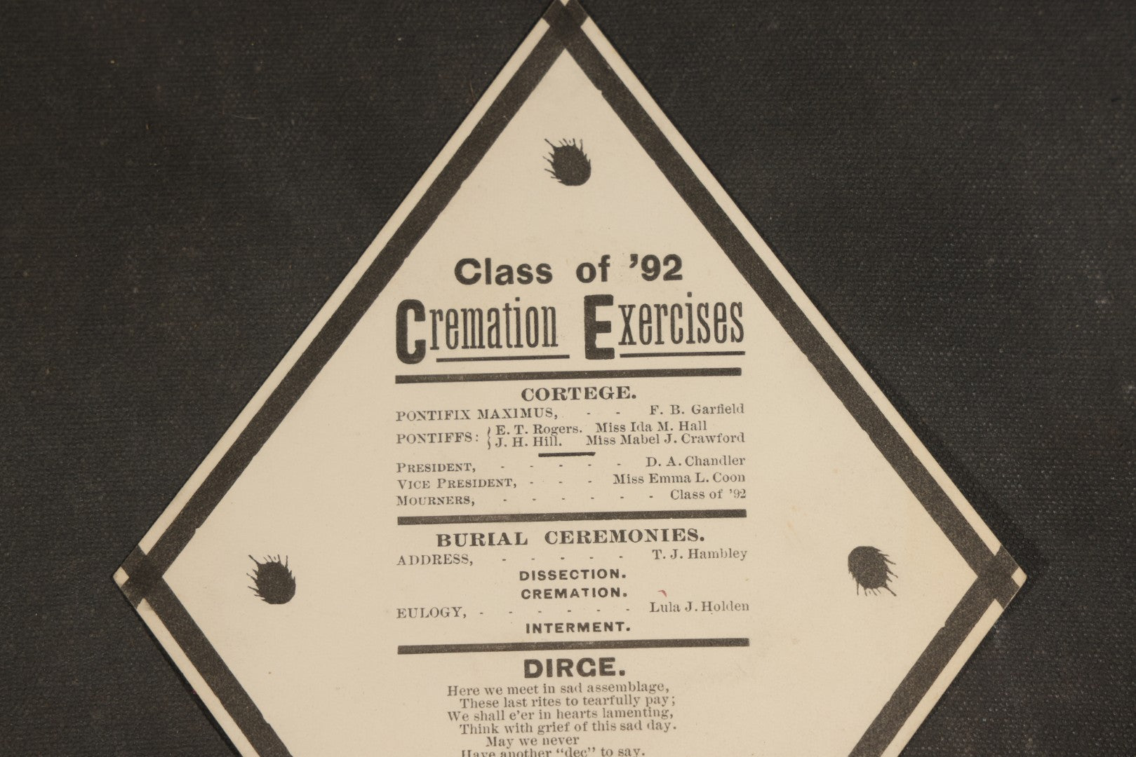 Antique "Cremation Exercises" Mock Funeral Program for the Class of 1892, Diamond-Shaped Satirical College Ephemera