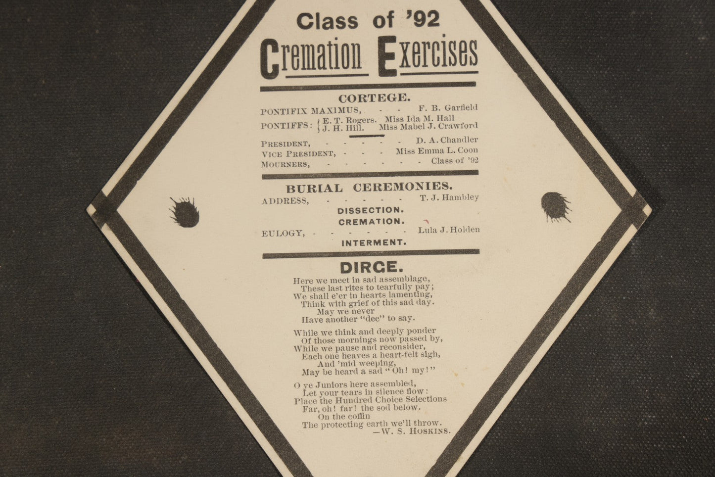 Antique "Cremation Exercises" Mock Funeral Program for the Class of 1892, Diamond-Shaped Satirical College Ephemera