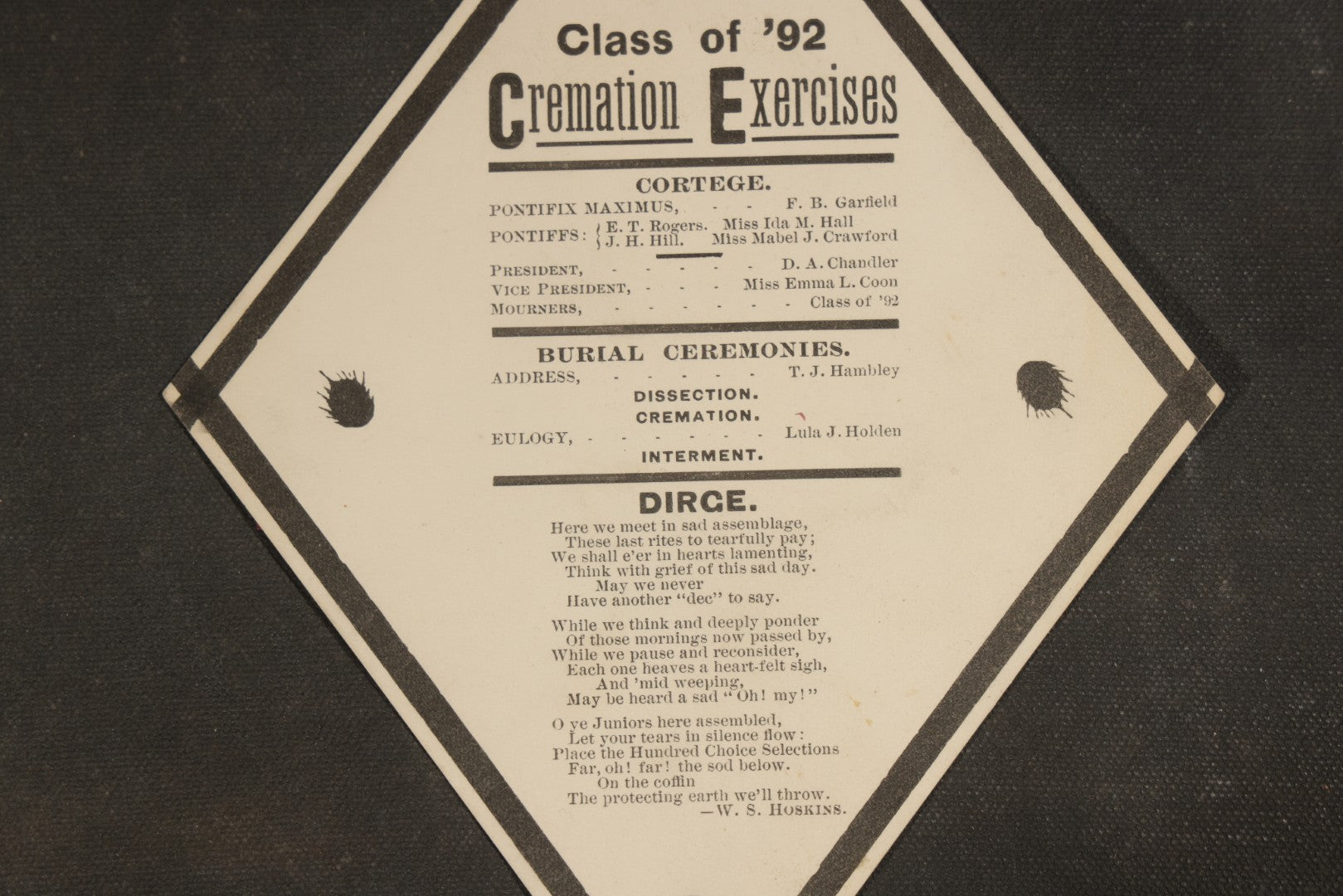 Antique "Cremation Exercises" Mock Funeral Program for the Class of 1892, Diamond-Shaped Satirical College Ephemera