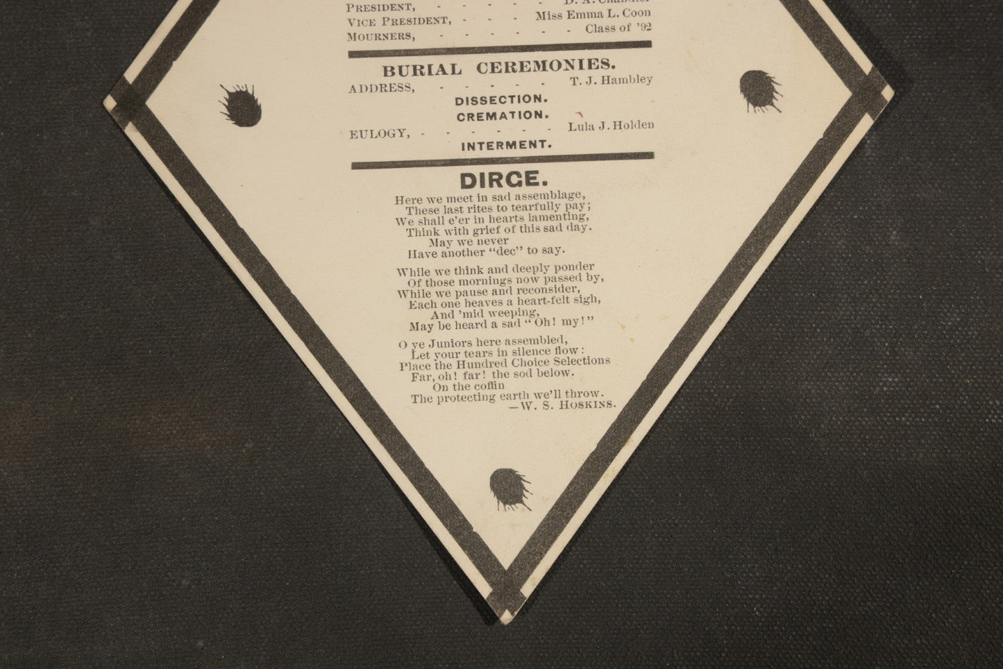 Antique "Cremation Exercises" Mock Funeral Program for the Class of 1892, Diamond-Shaped Satirical College Ephemera