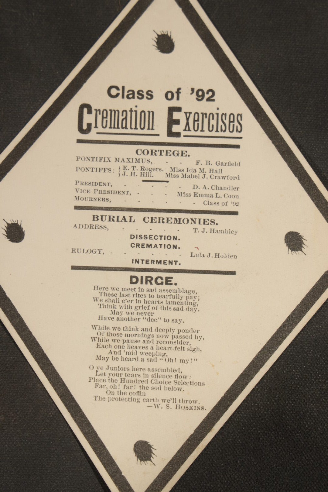 Antique "Cremation Exercises" Mock Funeral Program for the Class of 1892, Diamond-Shaped Satirical College Ephemera