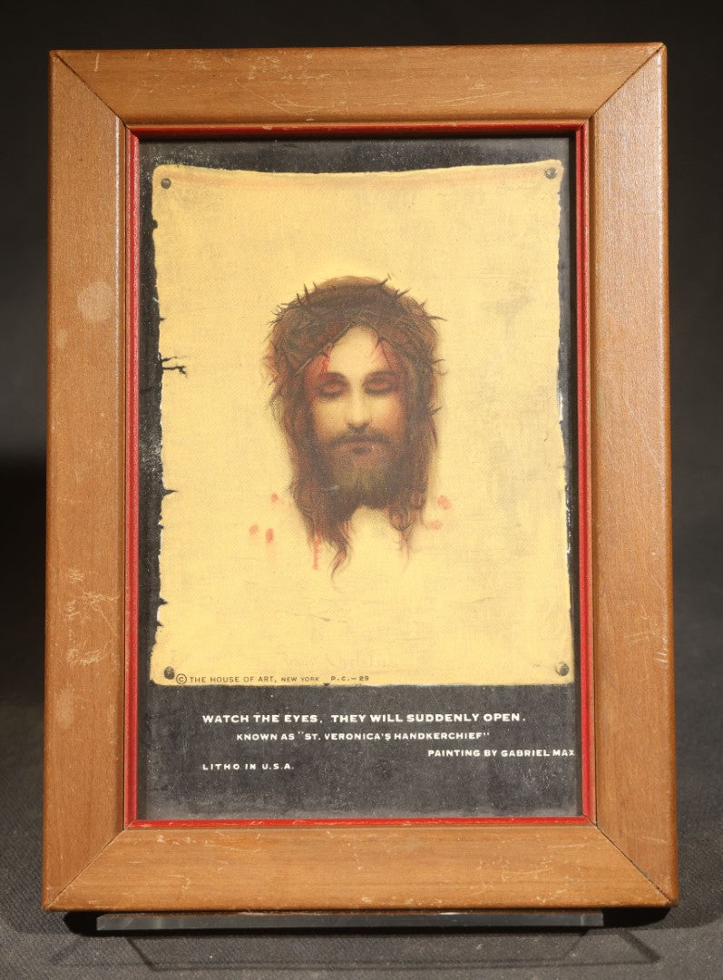 Vintage Framed Postcard, "St. Veronica's Handkerchief" After Gabriel Max, Face of Christ on Veil with Opening Eye Illusion, Published by The House of Art, New York
