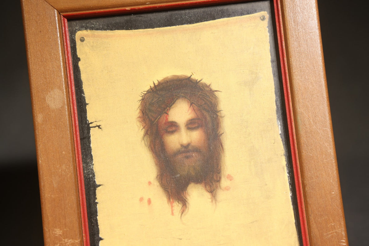 Vintage Framed Postcard, "St. Veronica's Handkerchief" After Gabriel Max, Face of Christ on Veil with Opening Eye Illusion, Published by The House of Art, New York