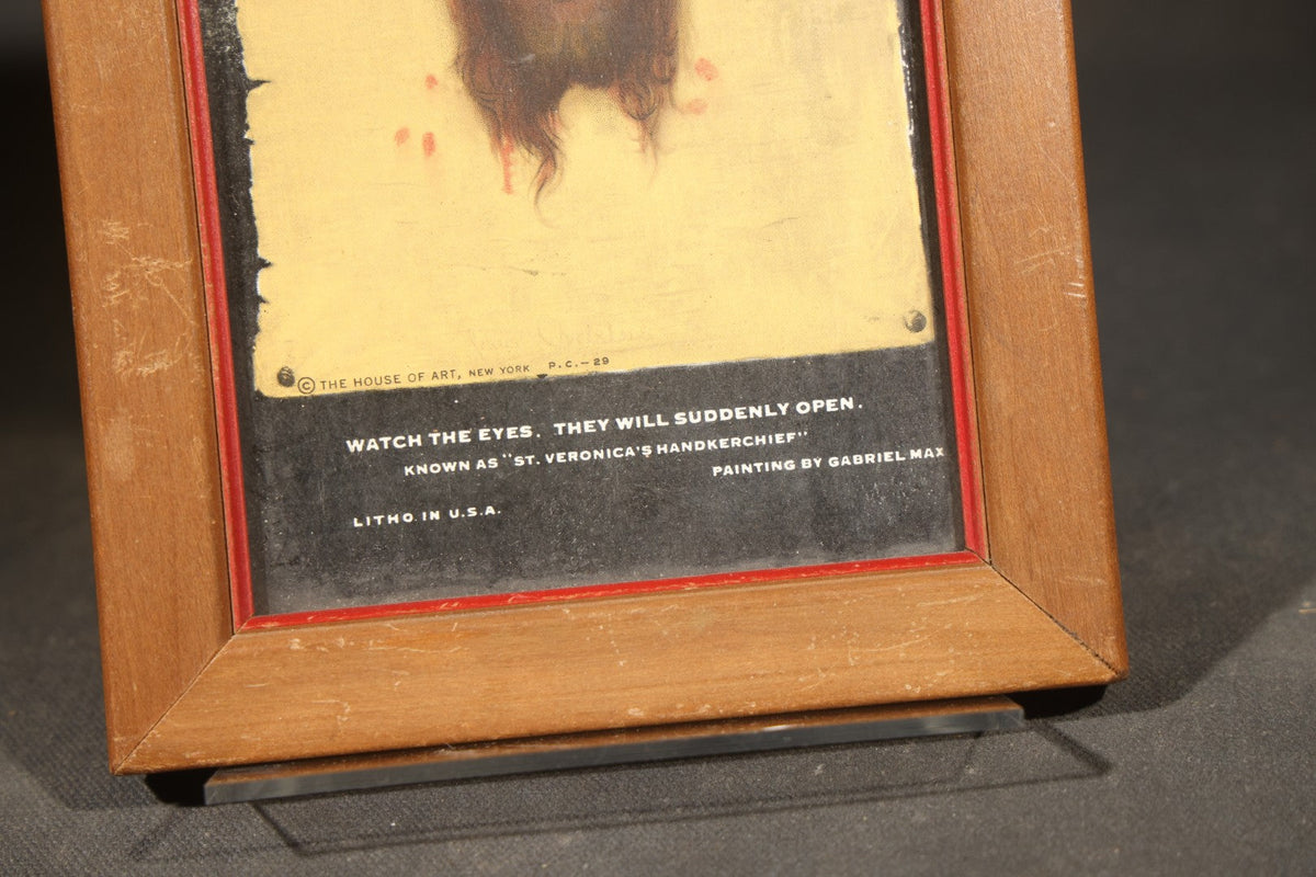 Vintage Framed Postcard, "St. Veronica's Handkerchief" After Gabriel Max, Face of Christ on Veil with Opening Eye Illusion, Published by The House of Art, New York